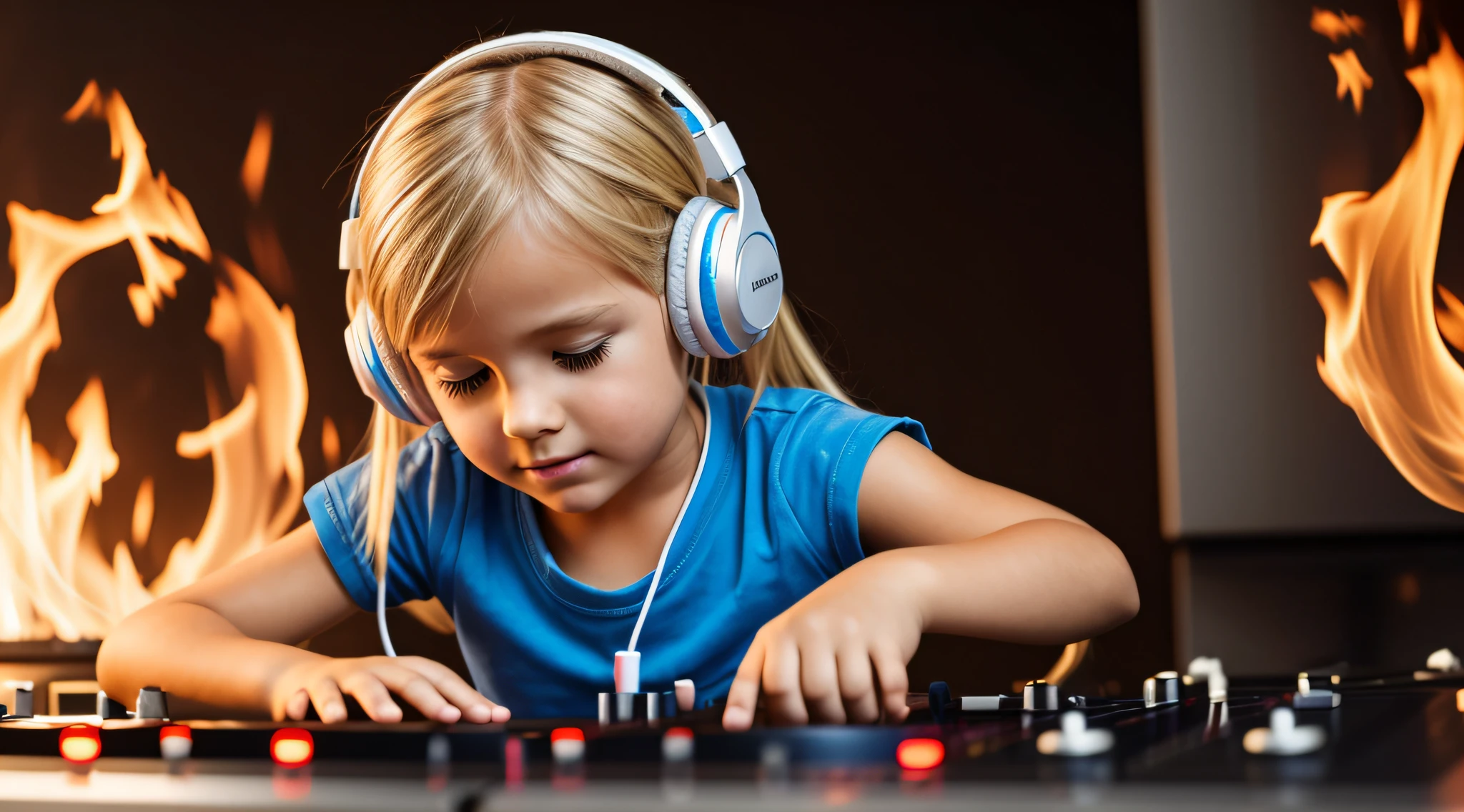 Image of a CHILD BLONDE girl with headphones playing music, Atom and Evil, DJ, fire and FIRE , FLAMME, BURN , FOGO,