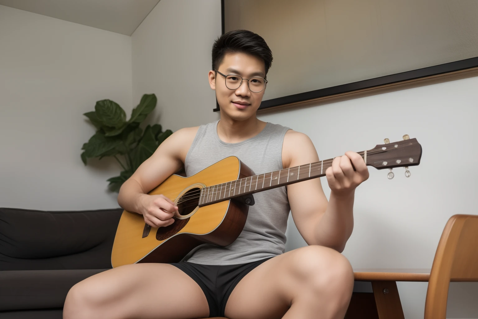 Andrew thomas huang, (((neat muscular))), eyeglasses, grey sleeveless shirt, black shorts, playing acoustic guitar, sitting in living room