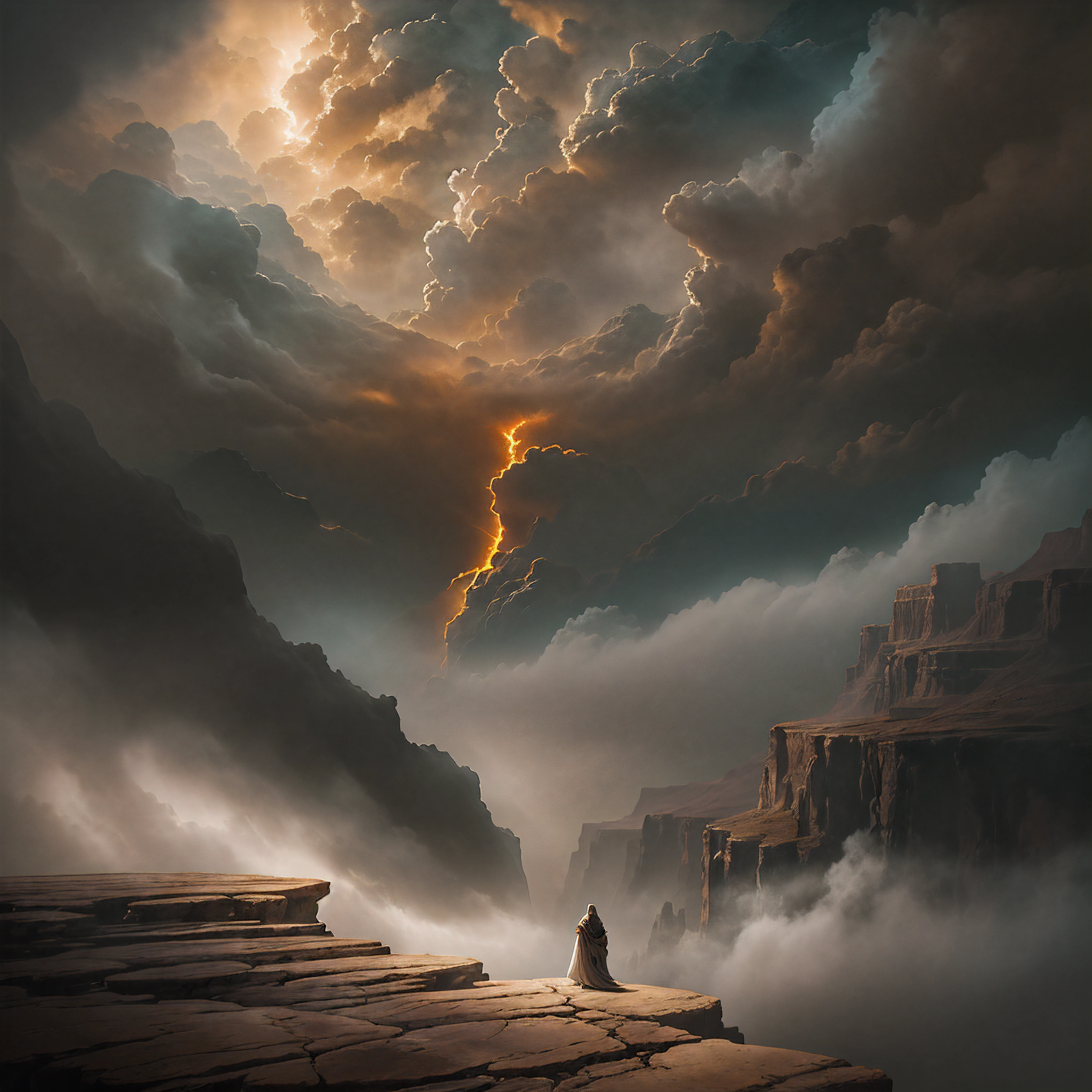 I stood at the edge of the Grand Canyon, taking in the awe-inspiring view. The vast expanse stretched out before me, an endless sea of rock and color. As I gazed across the canyon, the sky suddenly began to change. Dark clouds swiftly gathered overhead, blotting out the sun. A deep rumbling sounded across the land. Then, the clouds parted. An incredible vision appeared in the heavens above. Are Iluvatar, the supreme deity, materialized in the firmament. His cosmic form towered over the canyon, filling the entire sky. I was struck numb in his towering presence. His face was kind yet stern, radiating divine wisdom and authority. Robes of billowing light and dark swirled around him. It felt as though all of creation bowed before this eternal, all-powerful being. I was but a speck below his cosmic magnificence. Awestruck, I sank to my knees. The ground trembled as Eru spoke with a voice like rolling thunder. "Behold my works, child. Know that I am the beginning and the end." His words resonated through my spirit. I knew I stood before the one true Creator. As swiftly as he appeared, the vision began to fade. Are Iluvatar vanished back into the clouds, which dissipated to reveal the canyon once more. I remained kneeling, profoundly changed by what I had witnessed. I knew I had been blessed by a glimpse of the divine atop this desert vista.