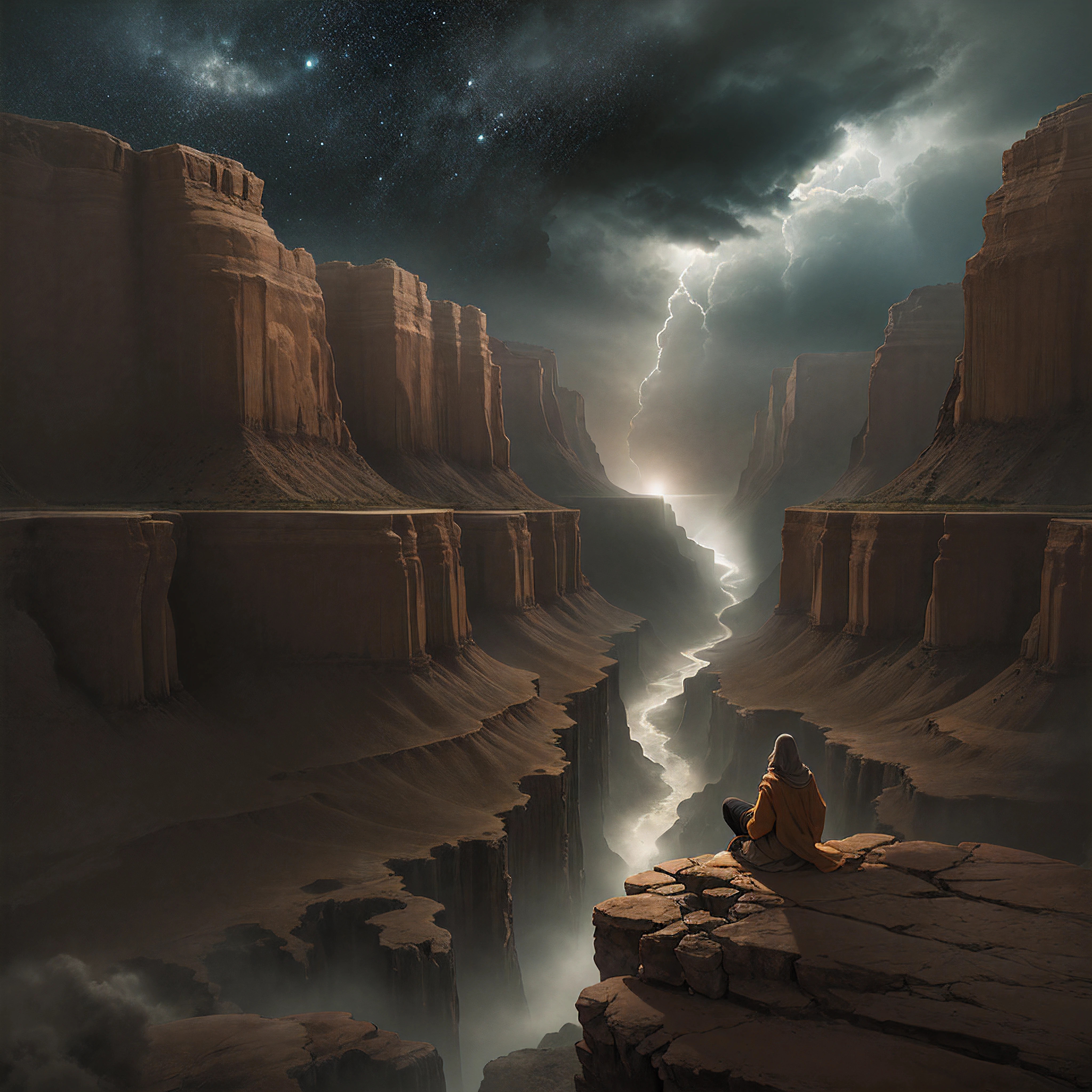 I stood at the edge of the Grand Canyon, taking in the awe-inspiring view. The vast expanse stretched out before me, an endless sea of rock and color. As I gazed across the canyon, the sky suddenly began to change. Dark clouds swiftly gathered overhead, blotting out the sun. A deep rumbling sounded across the land. Then, the clouds parted. An incredible vision appeared in the heavens above. Are Iluvatar, the supreme deity, materialized in the firmament. His cosmic form towered over the canyon, filling the entire sky. I was struck numb in his towering presence. His face was kind yet stern, radiating divine wisdom and authority. Robes of billowing light and dark swirled around him. It felt as though all of creation bowed before this eternal, all-powerful being. I was but a speck below his cosmic magnificence. Awestruck, I sank to my knees. The ground trembled as Eru spoke with a voice like rolling thunder. "Behold my works, child. Know that I am the beginning and the end." His words resonated through my spirit. I knew I stood before the one true Creator. As swiftly as he appeared, the vision began to fade. Are Iluvatar vanished back into the clouds, which dissipated to reveal the canyon once more. I remained kneeling, profoundly changed by what I had witnessed. I knew I had been blessed by a glimpse of the divine atop this desert vista.