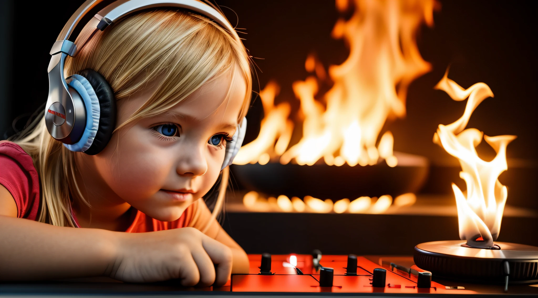 Image of a CHILD BLONDE girl with headphones playing music, Atom and Evil, DJ, fire and FIRE , FLAMME, BURN , FOGO,