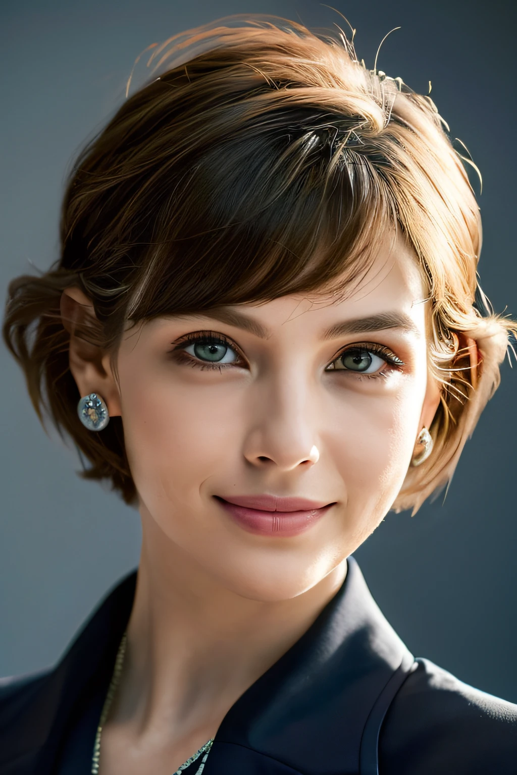 Chartuchim, Headshot, (Jack Chartz Jim, bright hazel green eyes), (Curly Low Fade Haircut:1.14), (Sunburned skin, Shadow of 5 o'clock) ((smirking, buff)), Detailed face, Detailed iris, Full lips, ((Cute, Wearing a modern luxury dark navy blue suit, Pocket handkerchief, buff, Wavy low fade haircut)), ((greybackground, symmetrical facial feature)), Intricate details, Studio Lighting, 80mm, Portrait, Shallow depth of field, vd, smirking, Happy