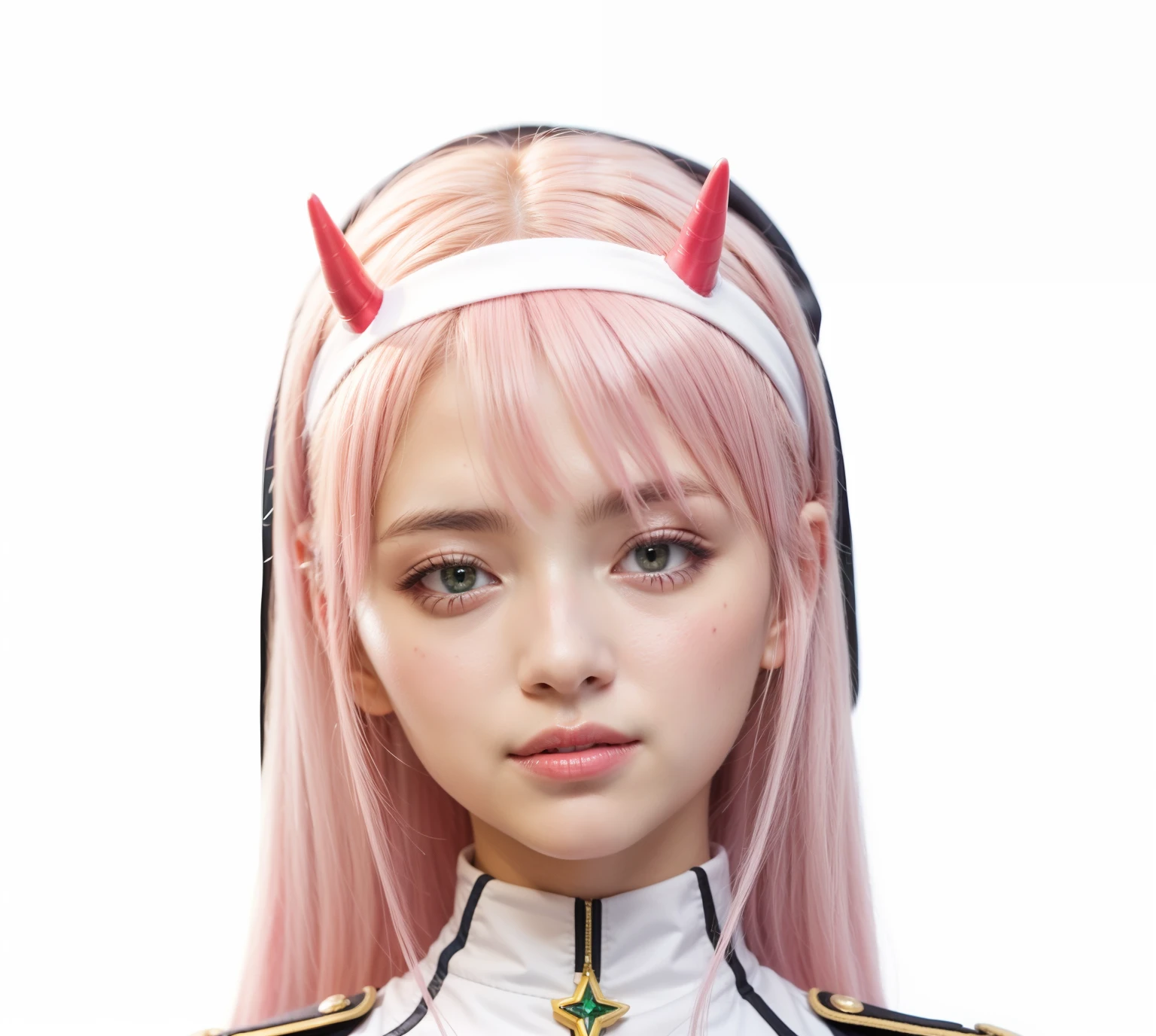 Arafed girl with pink hair and green eyes in uniform, zero two, wear white headband with small red horn
