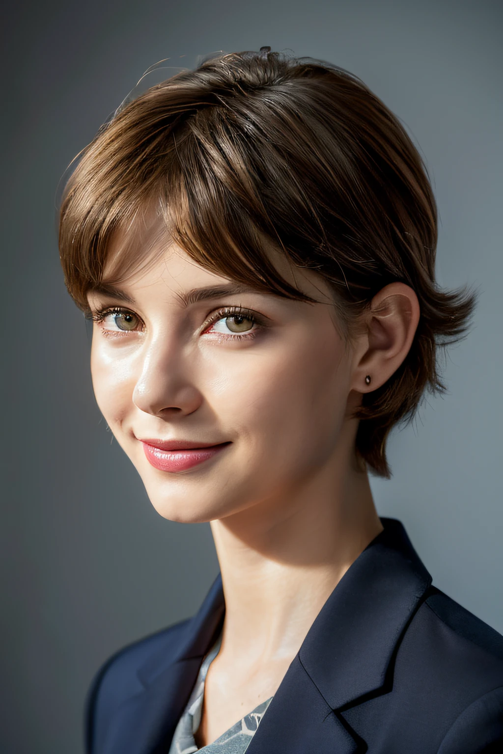 Chartuchim, Headshot, (Jack Chartz Jim, bright hazel green eyes), (Curly Low Fade Haircut:1.14), (Sunburned skin, Shadow of 5 o'clock) ((smirking, buff)), Detailed face, Detailed iris, Full lips, ((Cute, Wearing a modern luxury dark navy blue suit, Pocket handkerchief, buff, Wavy low fade haircut)), ((greybackground, symmetrical facial feature)), Intricate details, Studio Lighting, 80mm, Portrait, Shallow depth of field, vd, smirking, Happy