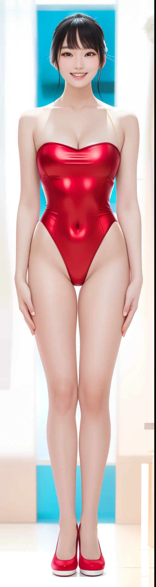 On the white background,A tall and beautiful Chinese girl,with fair skin,Toothy smile,A big smile,When you laugh, Your eyes are crescent-shaped,fringe,Wear a one-piece swimsuit and pumps,Swimsuits are decorated with joyful patterns, Stand up straight,Stand upright,hands on sides,Symmetrical distribution,Ray tracing,All shaded areas,No windows, Soft lighting, Warm light,Without sunlight, Studio light, 1.4x Realistic Ultra HD