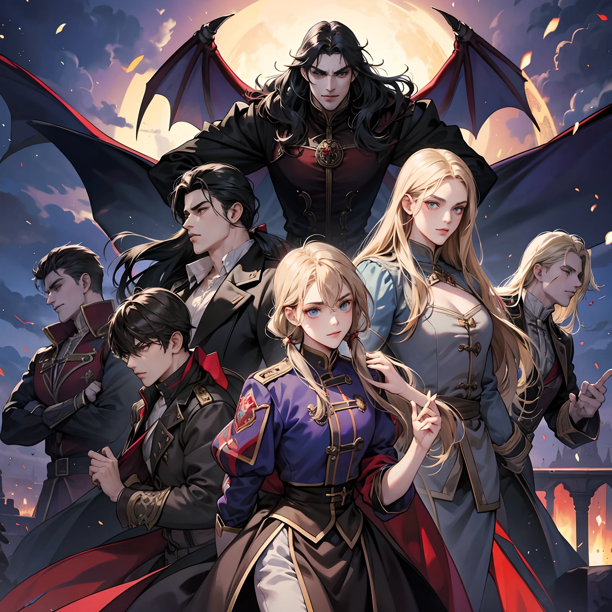 Castlevania Shadow Lord beau musclé Lord Dracula menant des troupes armées de démons à la guerre hyper réaliste super détaillé Pose dynamique super détaillé visages hyper réaliste super détaillé
