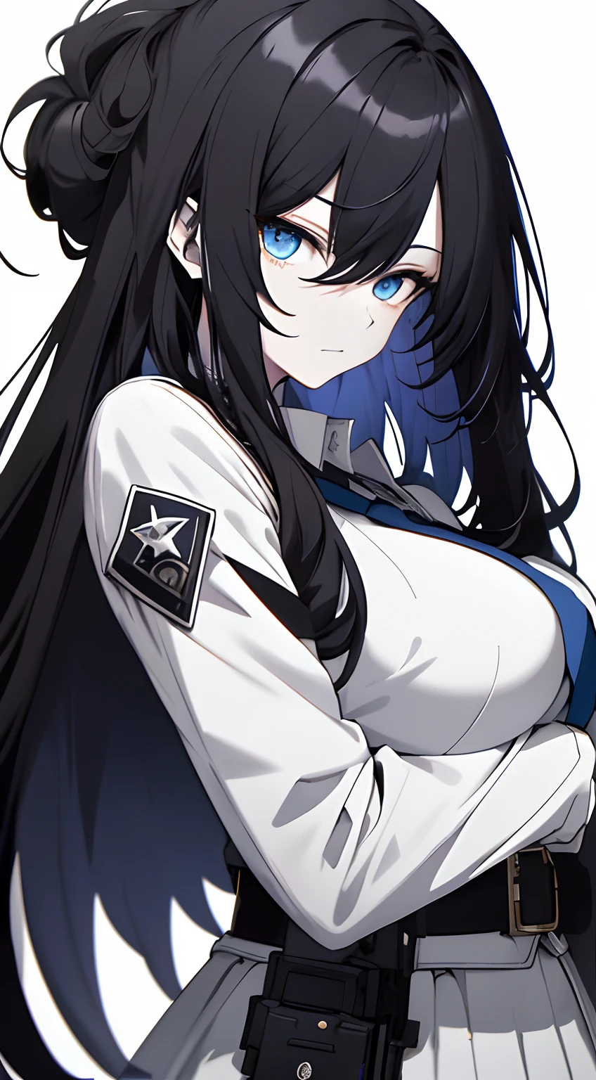 Full body、White one-piece military uniform、 Jet black head of hair,(masutepiece:1.2, Best Quality), (finely detailed beautiful eye: 1.2), (Detailed background,Dark Fantasy), (beautifull detailed face), High contrast, (Best Illumination, extremely delicate and beautiful), ((Cinematic Light)), Colorful, Hyper Detail, Dramatic light, Intricate details,Very blue eyes, Shining eyes, long hair flowing with the wind、very Bigger breasts、Belt under the chest、White military uniform, White skirt, Long hair fluttering in the wind, swords, jet-black hair, Blue eyes, Black tie, Serious look, (Pale white background:1.5), gotik, guns, Glock 17,(pistols), have a handgun,long-sleeve, blue eyess, trigger discipline,