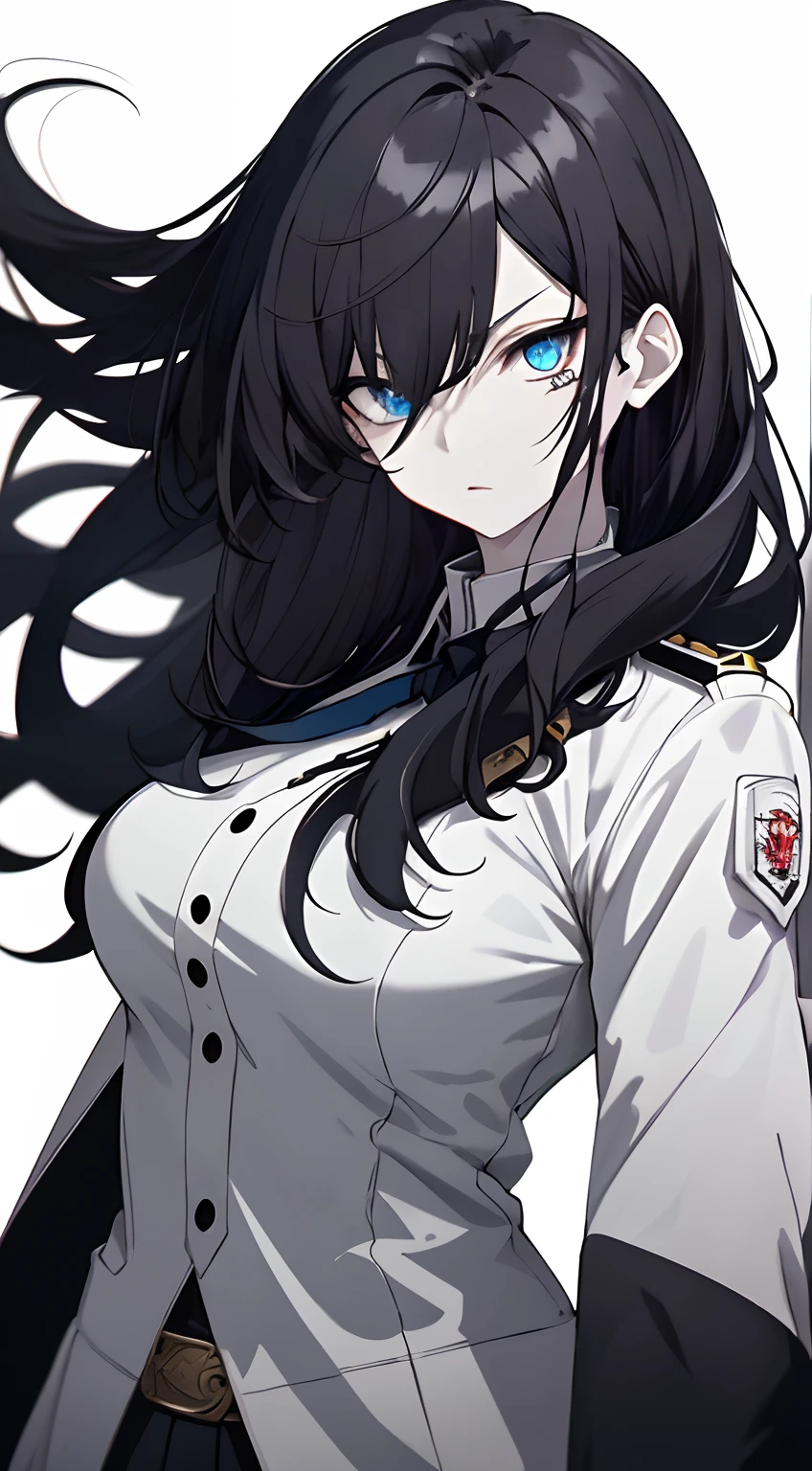 Full body、White one-piece military uniform、 Jet black head of hair,(masutepiece:1.2, Best Quality), (finely detailed beautiful eye: 1.2), (Detailed background,Dark Fantasy), (beautifull detailed face), High contrast, (Best Illumination, extremely delicate and beautiful), ((Cinematic Light)), Colorful, Hyper Detail, Dramatic light, Intricate details,Very blue eyes, Shining eyes, long hair flowing with the wind、very Bigger breasts、Belt under the chest、White military uniform, White skirt, Long hair fluttering in the wind, swords, jet-black hair, Blue eyes, Black tie, Serious look, (Pale white background:1.5), gotik, guns, Glock 17,(pistols), have a handgun,long-sleeve, blue eyess, trigger discipline,