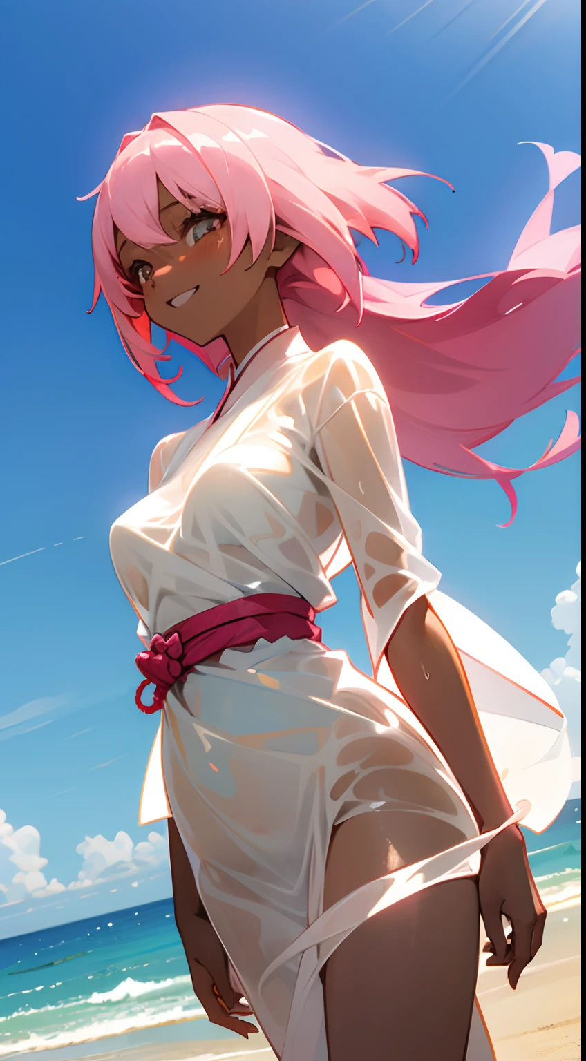 japanese cartoon style anime,
It's a hot sunny day,
young woman with dark skin, pink hair, she is walking along the beach in a transparent wet white dress, we can see through the transparency her medium-sized breasts and her hairy vagina, she smiles mischievously