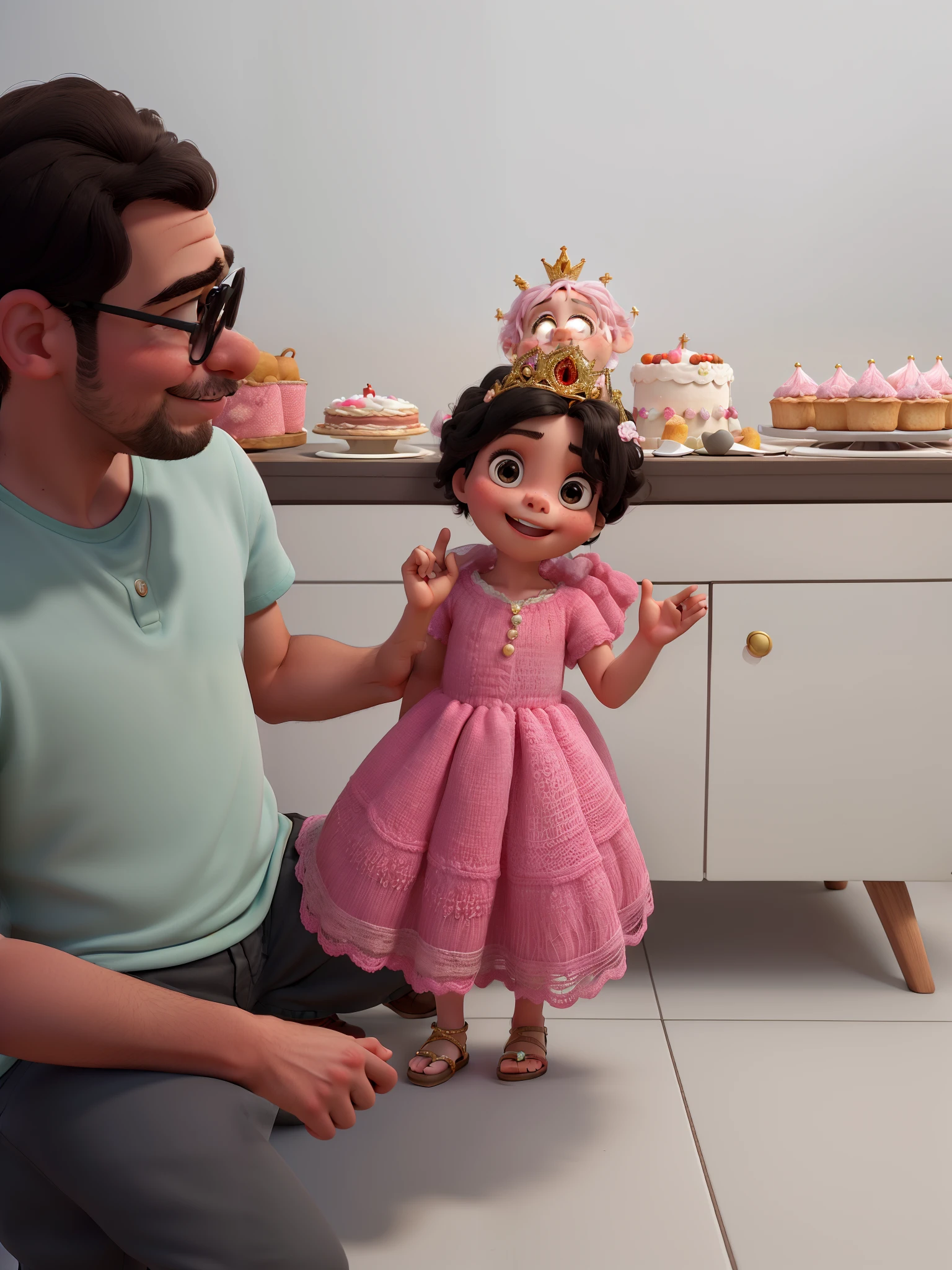 Create enchanting image that captures a special moment. In the center of the image, an adorable child wears a pink crochet dress and gold sandals, standing out against the simple backdrop. The child is standing in front of a festive table, which is decorated with a pink and white cake and other decorations in the same tones.
Next to the child is the father wearing a green shirt and gray shorts who is crouched down next to the child.
The backdrop is a white wall, which serves as a blank canvas for a pink and white banner hanging from it. The banner adds a festive touch to the scene, complementing the colors of the child's dress and royal table decorations.
The image conveys a sense of celebration and joy, perfectly capturing the essence of a special moment.
The child is white, has straight black shoulder-length hair and has a beautiful princess hairstyle with a diamond crown. The child has black eyes.
The father is white, has no beard or mustache, his shirt is short-sleeved, and gray shorts.
