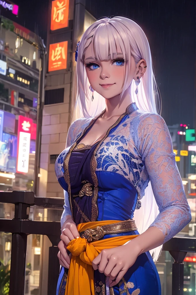 RiseliaRay,white hair,blue eyes,earrings,masterpiece,best quality,night view,rainy,cyberpunk city,wet clothes, kebaya_bali,white_kebaya_bali,large breasts,sweaty smile,show ,transparent  ,show armpits,get raped by 1 man