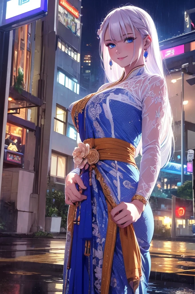 RiseliaRay,white hair,blue eyes,earrings,masterpiece,best quality,night view,rainy,cyberpunk city,wet clothes, kebaya_bali,white_kebaya_bali,large breasts,sweaty smile,show ,transparent  ,show armpits,get raped by 1 man