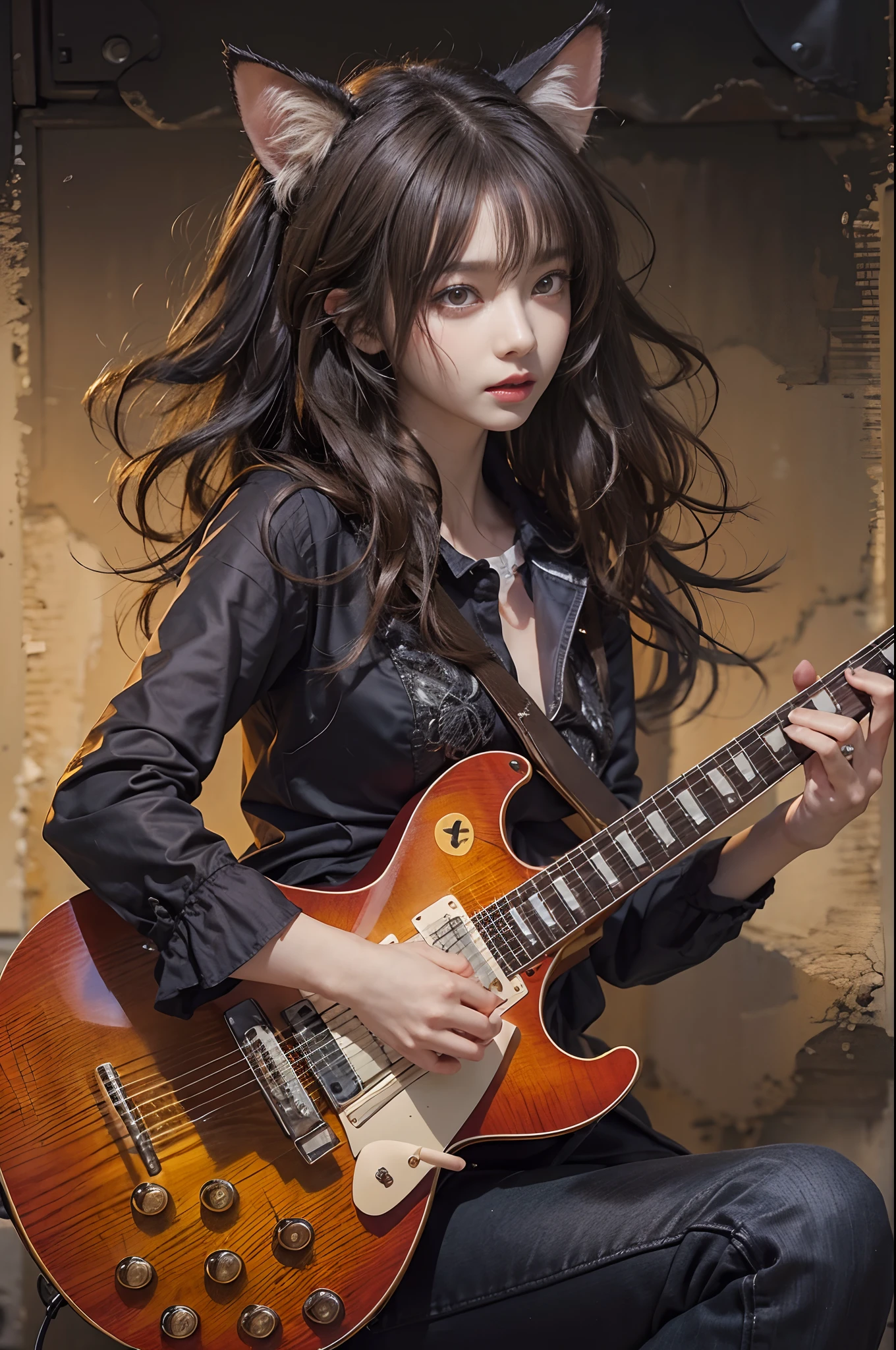 Woman Playing Guitar Live、brunette disheveled hair、Intricate 6-string electric guitar:1.2、Anatomically correct fingers、Gibson Les paul、1 guitar only、Cat's ears