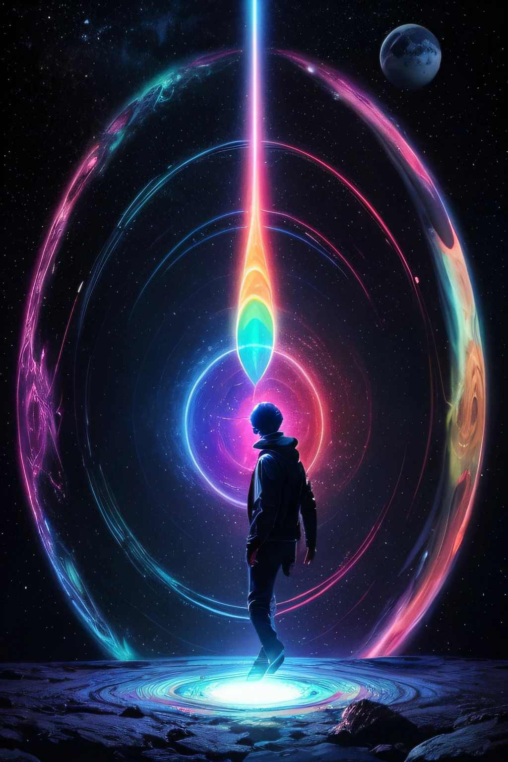 man walks in the void,pure bliss,psychedelic patterns, psychedelic colours,many magic mushrooms, planets floating, meteor passes by
