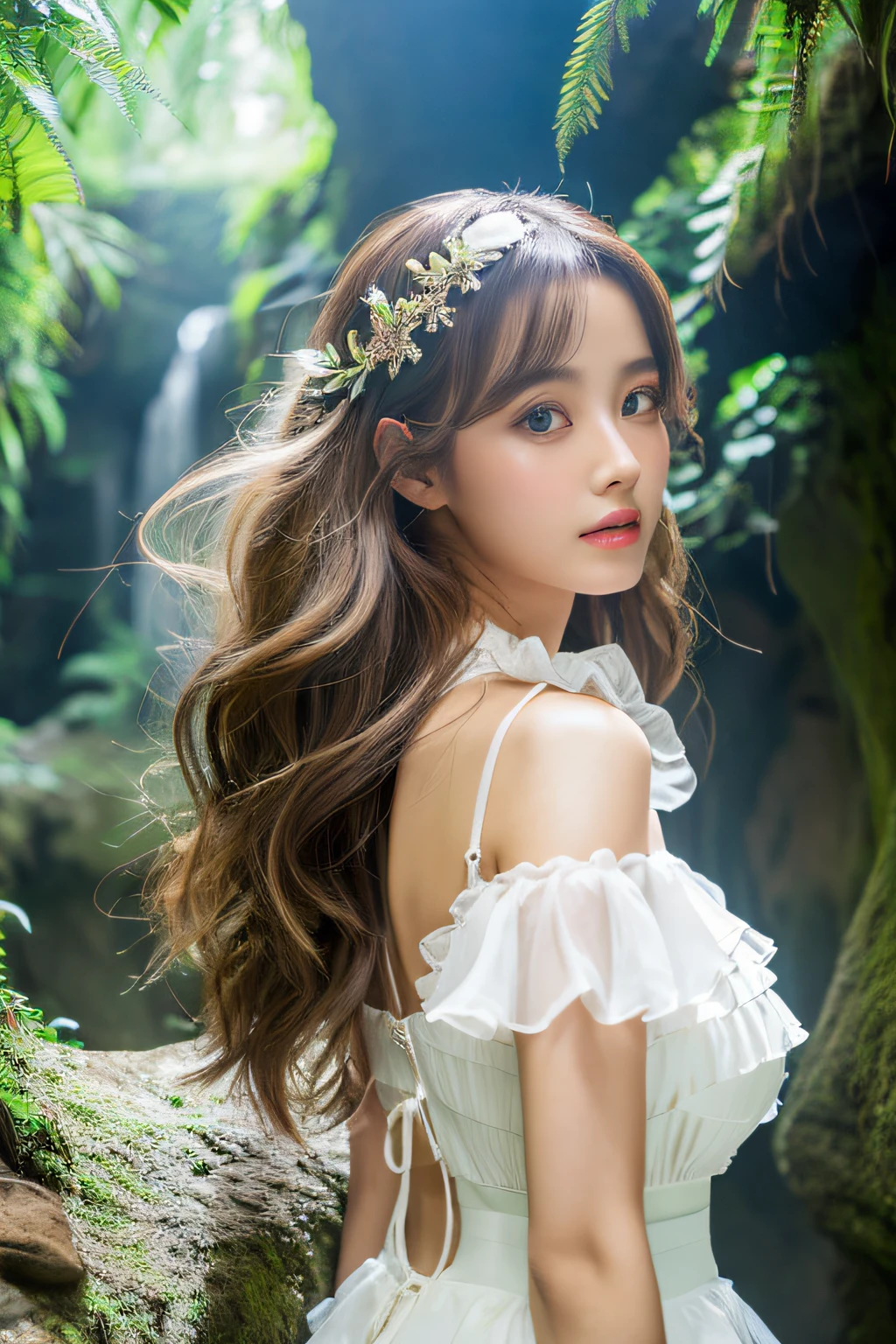 (top-quality、8K、masterpiece: 1.3)),Two Fairy Girls、Two people、Multiple people、chat、 Girl in a light white dress of a fantasy elf、bare-legged、On the back there are transparent fairy wings、Ash brown hair、elvish,,Pure Idol、((Layered Hair Style、Colossal tits: 1.2)),Voluminous bust size、Wow big, masutepiece, Best Quality, wall-paper, ((Vitreous skin))) ,Photorealistic, In a mossy cave,High resolution, Detailed