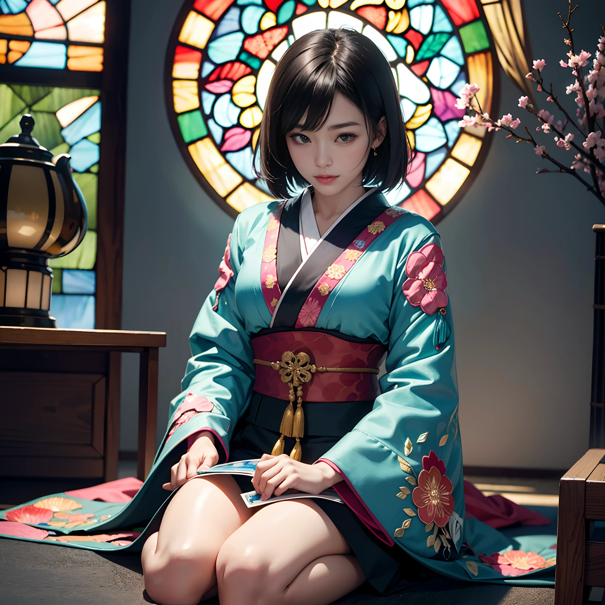 Background of details(Intricate stained glass),BREAK ,elaborate costume(Luxurious Japan kimono(Colorful kimono(detailed embroidery()))),BREAK,(1 Beautiful and classy adult woman(Shy smile:1.2)(Japanese actressl:1.2)(A dark-haired:1.2(short-hair:1.2))),(eye glass:1.2),(Praying to stained glass),BREAK,Wallpapers 16K,Blur the background,)(masutepiece,Best Quality,Portrait photos):1.5),full body Esbian,3D Pixel Art