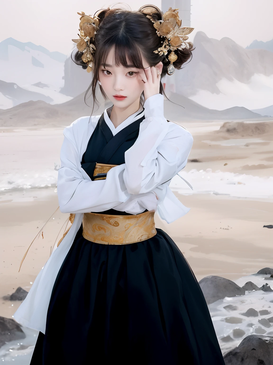 (Best quality, 8k, 32k, Masterpiece, UHD:1.2) "Produce a captivating art piece featuring a girl with a stylish bob haircut, illuminated by dramatic and cinematic lighting that accentuates the contours of her face and hair. Create an atmosphere that exudes intrigue and depth, with shadows and highlights playing a central role in defining the scene. The lighting should emphasize the girl's features and add an extra layer of drama to the composition, making it visually striking and evoking a sense of mystery and allure." Chinese, Ancient Chinese, Chinese Dress