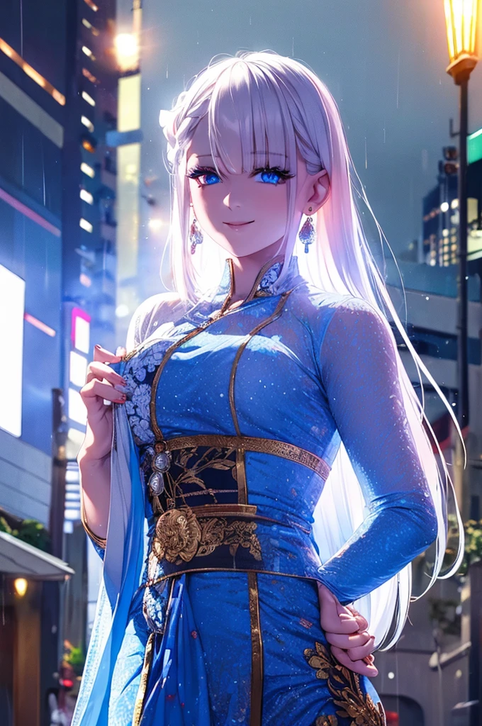 RiseliaRay,white hair,blue eyes,earrings,masterpiece,best quality,night view,rainy,cyberpunk city,wet clothes, kebaya_bali,white_kebaya_bali,large breasts,sweaty smile,show ,transparent  ,show armpits,get raped by 1 man