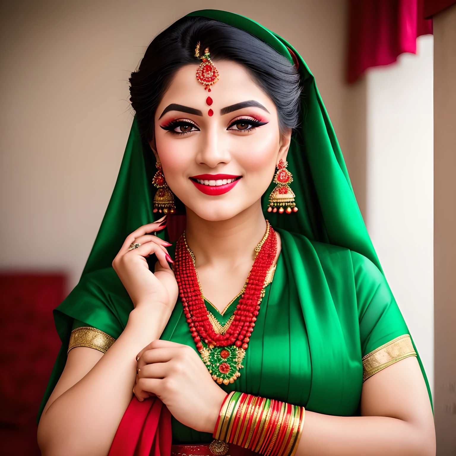 a close up of a woman in a red and green outfit, traditional beauty, traditional makeup, dramatic smile pose intricate, with professional makeup, face, candid picture, indian, traditional, with a beautifull smile, photo taken with nikon d 7 5 0, photo taken with nikon d750, candid photograph, joyful look, inspired by Saurabh Jethani