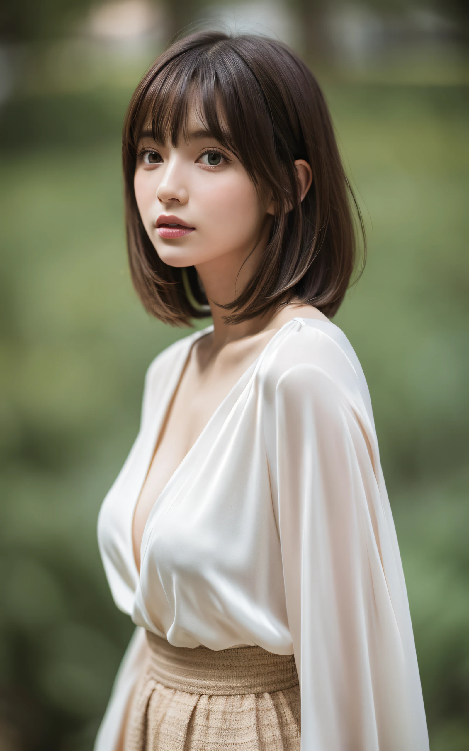 masterpiece, Best Quality, 8K, 20 yo, Large breast, cuddly, Solo, sad, Cute, Girly, Delicate girl, Neat and clean beauty, Raw photo, Professional Photography, Portrait, Soft light, Professional Lighting, Back lighting, Upper body, Looking away, Sophisticated, Film grain, (Eyes and faces with detailed:1.0), short length floating hair, beautiful flowing hair, bangs, Silk Color Blouse