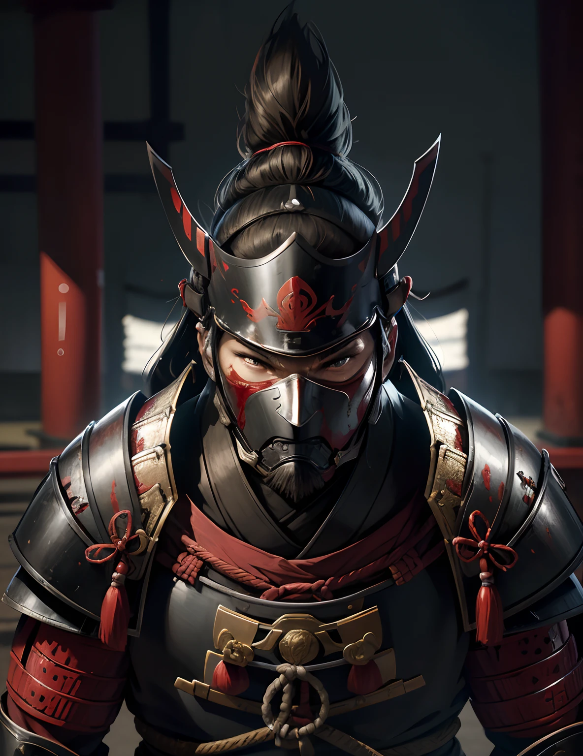 ((Best quality)), ((masterpiece)), (highly detailed:1.3), 3D, cyborg ninja samurai in forrest with oni face mask, oni style, armor, dark, sinister, weapons, fog, face portrait, smoke, HDR (High Dynamic Range), (hyper realism), Ray Tracing, Super-Resolution --auto --s2