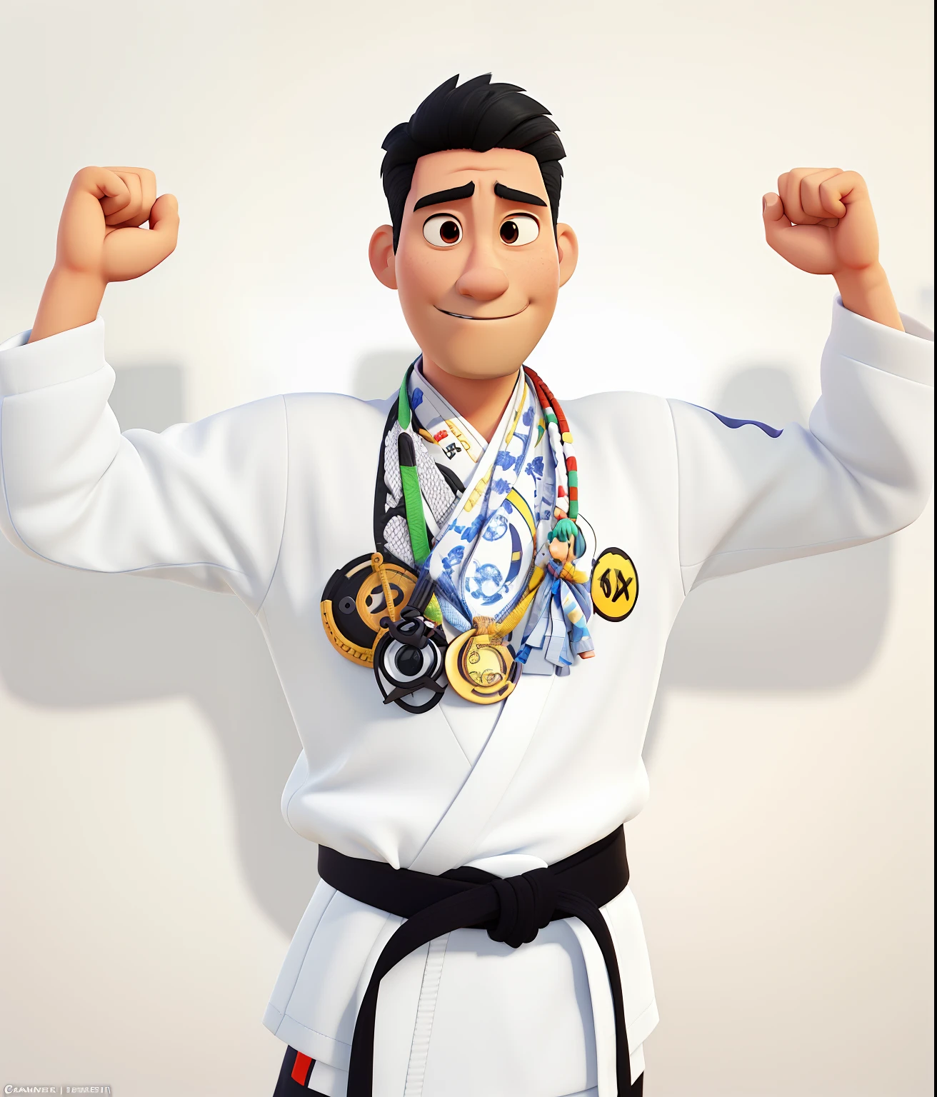 Cartoon character of a Japanese man in white karate kimono and black belt, Sport medals hanging around the neck, animation character, Caractere estilizado, animation style rendering, 3D estilizado, Arnold Maya render, 3 d render stylized, toon render keyshot, Personagem 3D, Personagem 3D, 3d rendering stylized, 3 d character render, personagem de desenho animado, Personagem de close up, Pose de personagem, (Estilo Pixar) (master part:1.2) (Bokeh) (melhor qualidade) (pele detalhada) (textura detalhada) (8k) (argila) (Cinematic lighting) (foco nítido