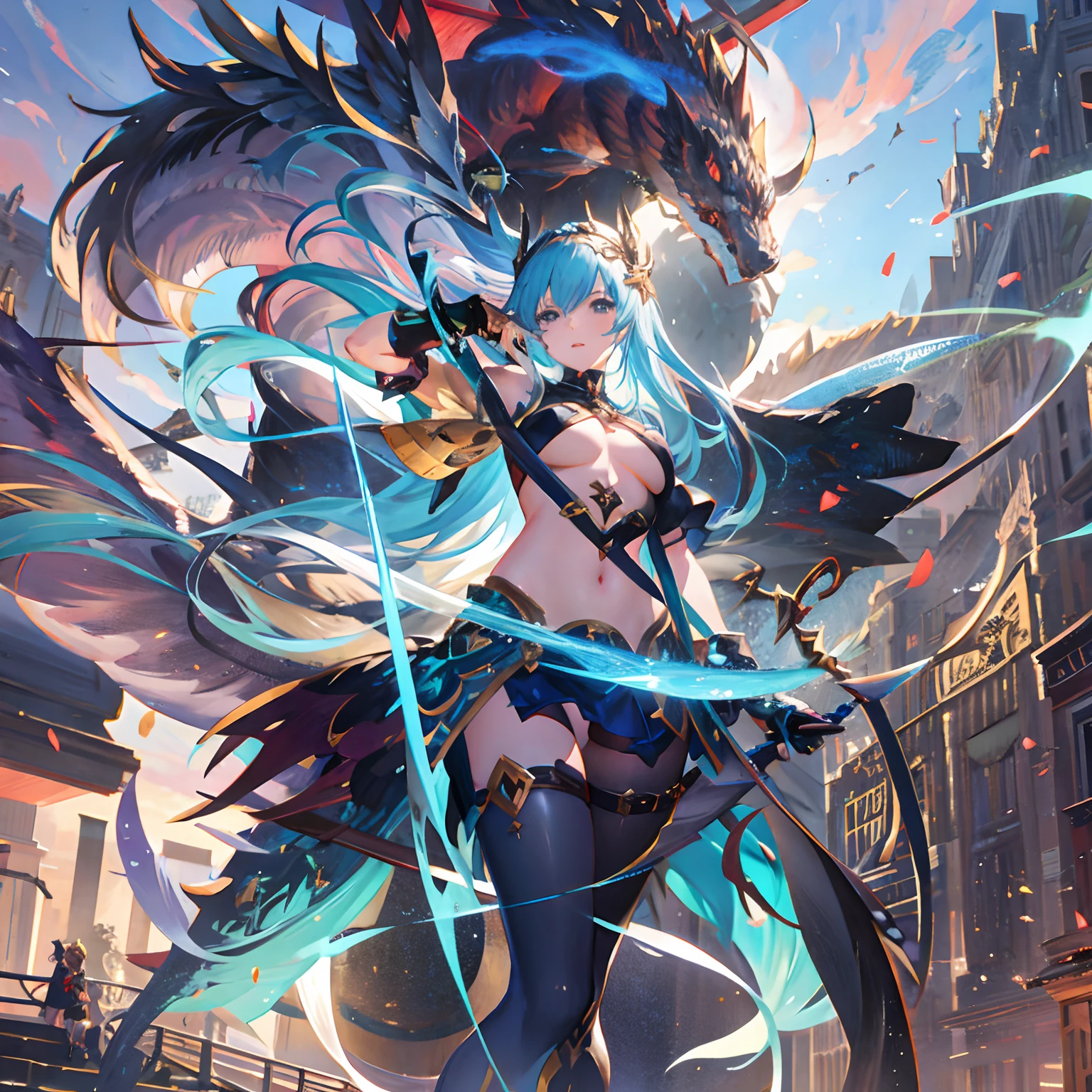 Anime girl with a dragon and a sword in a city, anime fantasy artwork, 2. 5 d cgi anime fantasy artwork, Estilo Shadowverse, anime fantasy illustration, anime epic artwork, Arte de anime clave detallado, Arte oficial de alto detalle, Beautiful fantasy anime, Shadowverse, granblue fantasy, Cushart Krenz Key Art Femenino, mystical atlantean valkyrie