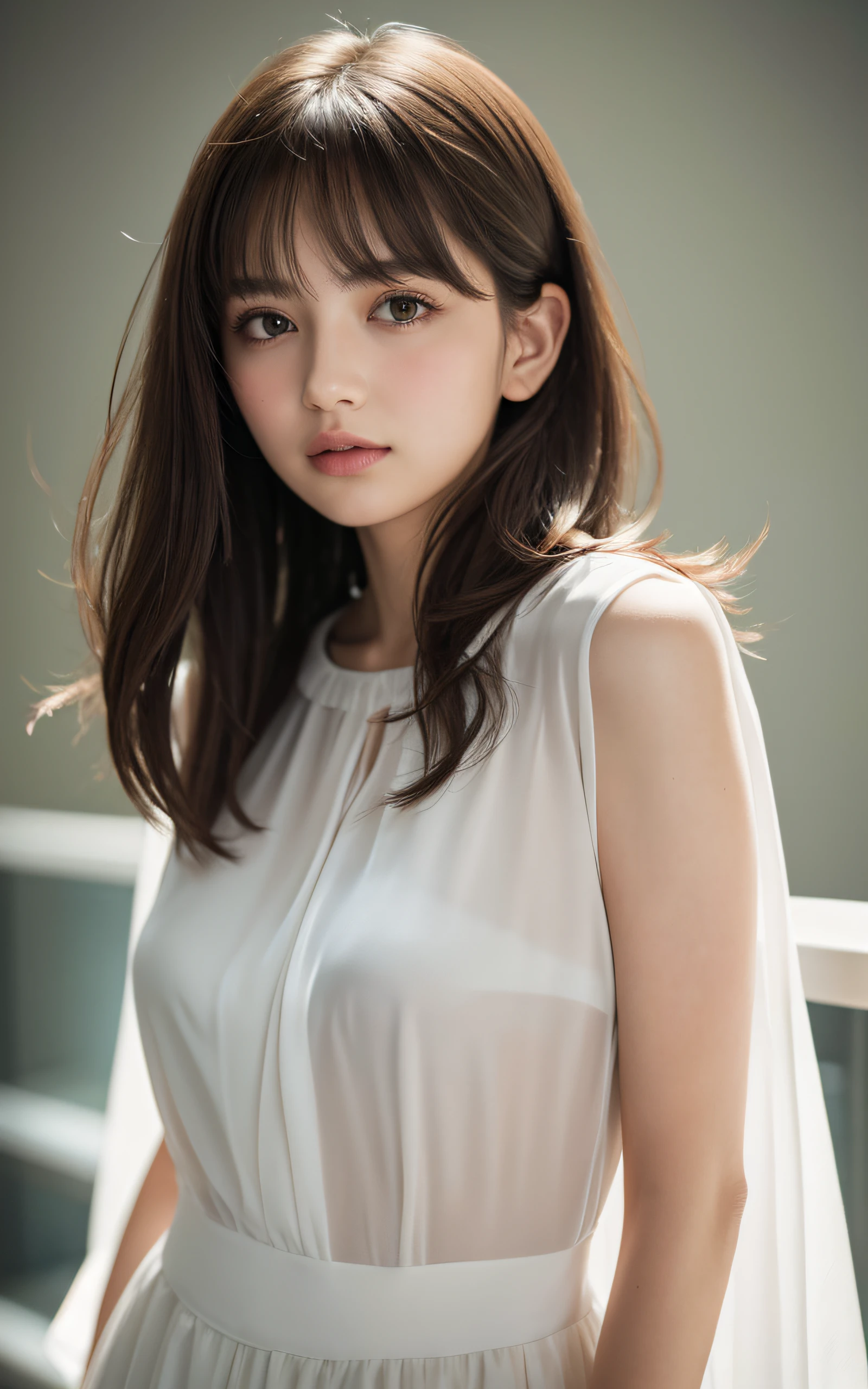 masterpiece, Best Quality, 8K, 20 yo, Large breast, cuddly, Solo, sad, Cute, Girly, Delicate girl, Neat and clean beauty, Raw photo, Professional Photography, Portrait, Soft light, Professional Lighting, Back lighting, Upper body, Looking away, Sophisticated, Film grain, (Eyes and faces with detailed:1.0), short length floating hair, beautiful flowing hair, bangs, Silk Color Blouse
