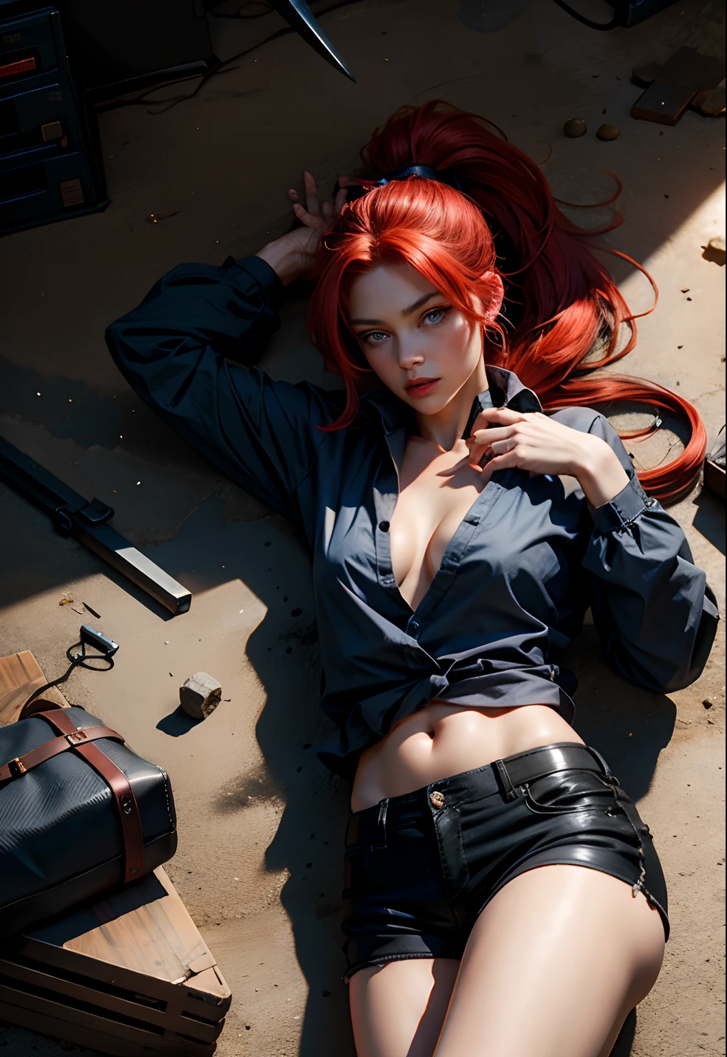 Beautiful woman with blue eyes, red hair, ponytail, black blouse and black shorts, lying in the middle of several weapons.