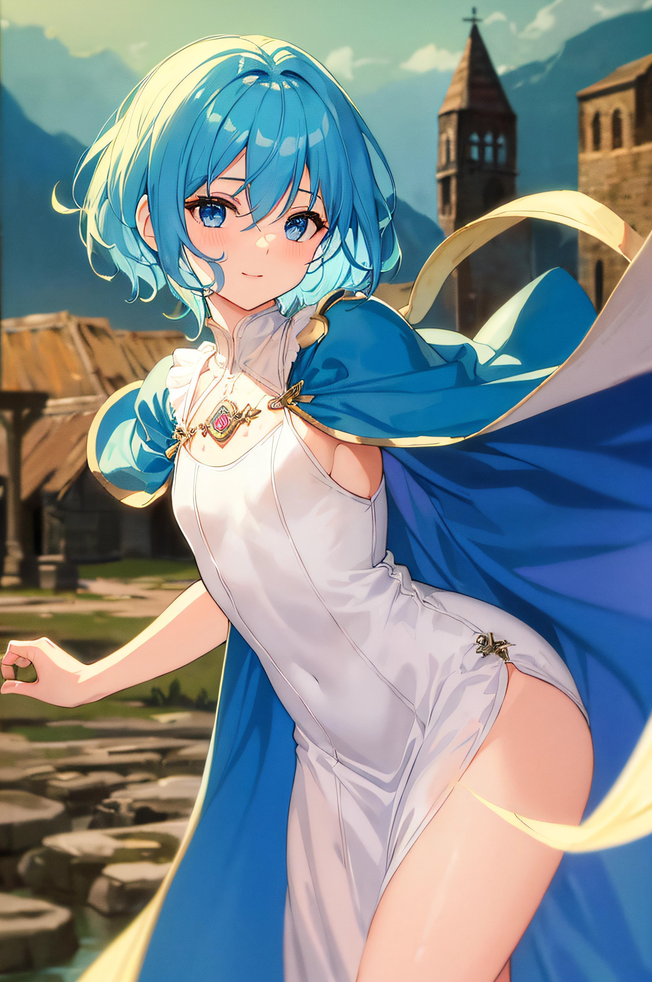 ((Masterpiece), (Best Quality)) (super detailed), (disheveled hair), photography, masterpiece, best quality, wallpaper, 1girl, short hair, sky blue hair, sky blue eyes, cute girl, baby face, small face, short stature, short cut, droopy eyes, pink lips, delicate and slender, small breasts, smiling, white long dress, dark blue poncho, braided boots, daggers, anime, games, medieval europe ( Dramatic Lighting)), (Soft Focus) (Vibrant Colors), (Mysterious Atmosphere)