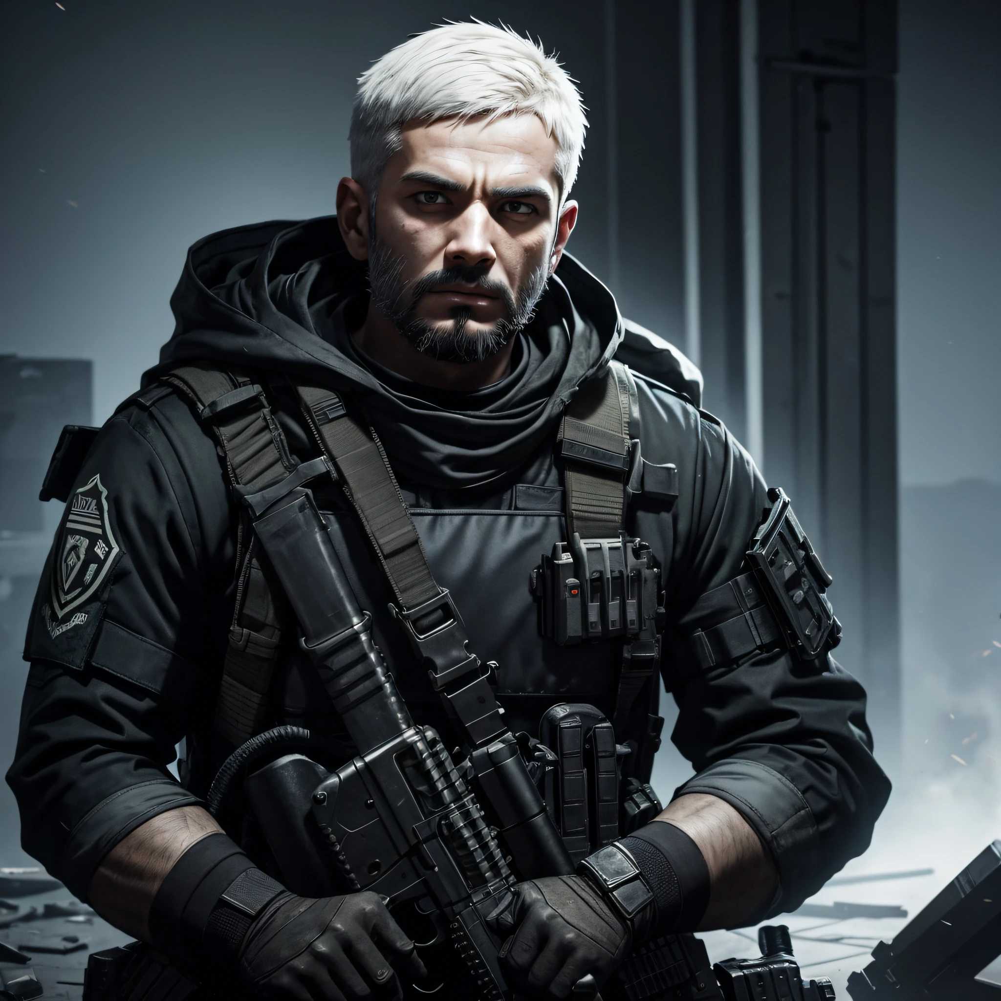 Call of Duty Warzone game scenario, man with white skin, terrorist, black uniform