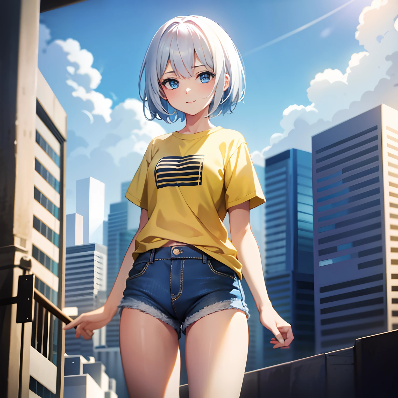 1girl, short white hair, blue eyes, wearing plain yellow shirt, denim shorts, city, absurdres, high res, ultrasharp, 8K, masterpiece, looking at viewer, happy face