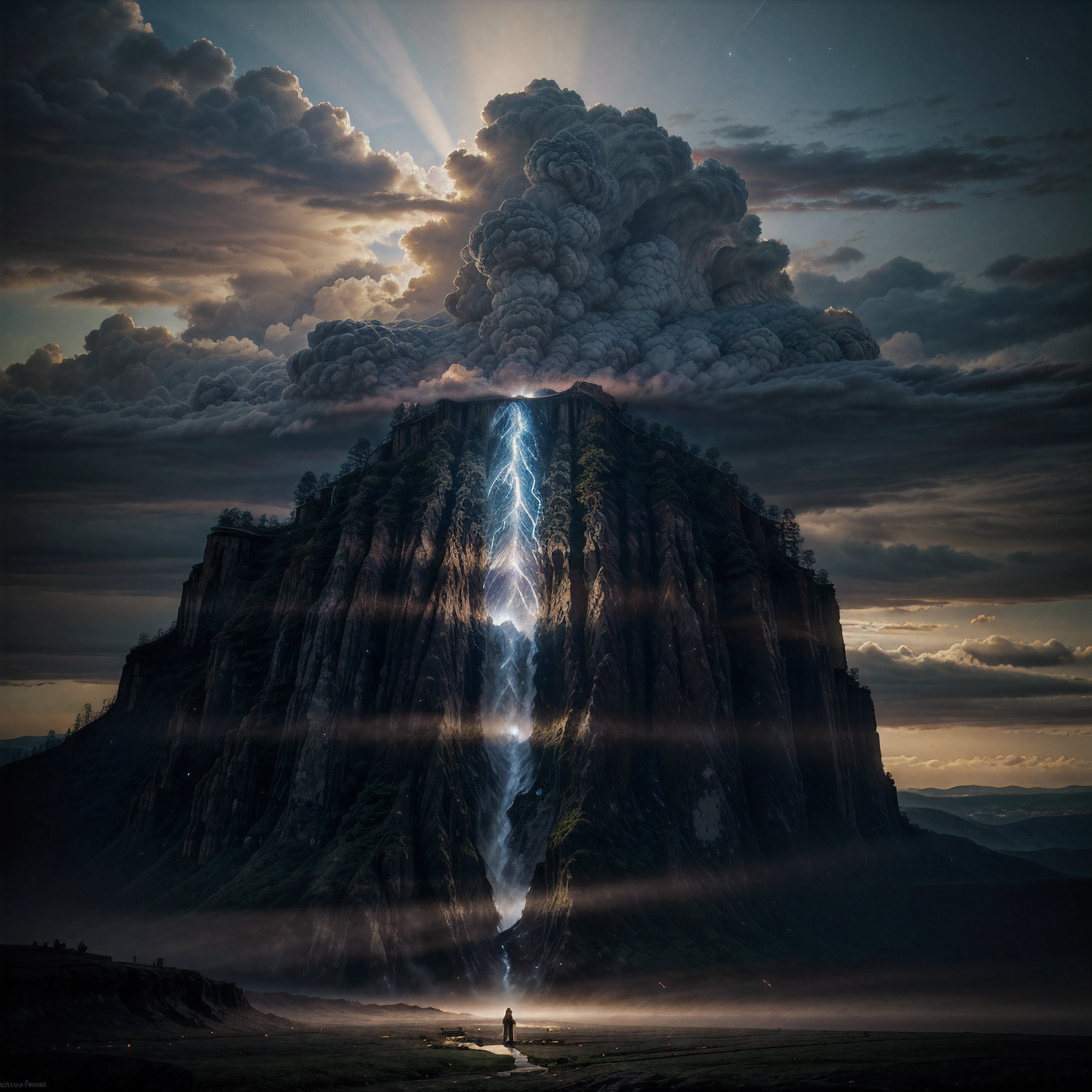 I stood at the edge of a deep gorge, nestled between steep, rocky cliffs. Taking in the awe-inspiring view, I gazed across the expansive divide stretching out before me. As I stood there, the sky suddenly began to change. Dark clouds swiftly gathered overhead, blotting out the sun. A deep rumbling sounded across the land. Then, the clouds parted. An incredible vision appeared in the heavens above. Are Iluvatar, the supreme deity, materialized in the firmament. His cosmic form towered over the gorge, filling the entire sky. I was struck numb in his towering presence. His face was kind yet stern, radiating divine wisdom and authority. Robes of billowing light and dark swirled around him. It felt as though all of creation bowed before this eternal, all-powerful being. I was but a speck below his cosmic magnificence. Awestruck, I sank to my knees. The ground trembled as Eru spoke with a voice like rolling thunder, saying "Behold my works, child. Know that I am the beginning and the end." His words resonated through my spirit. I knew I stood before the one true Creator. As swiftly as he appeared, the vision began to fade. Are Iluvatar vanished back into the clouds, which dissipated to reveal the gorge once more. I remained kneeling, profoundly changed by what I had witnessed. I knew I had been blessed by a glimpse of the divine atop this vista.