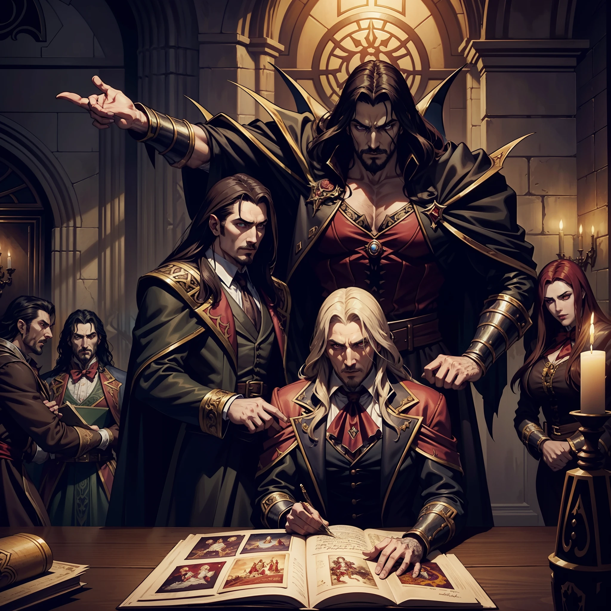 Castlevania Shadow Lord hyper realistic super detailed Dynamic shot centerpiece of Lord Dracula discussing ancient manuscripts with hyper realistic scholarly demons great scenes