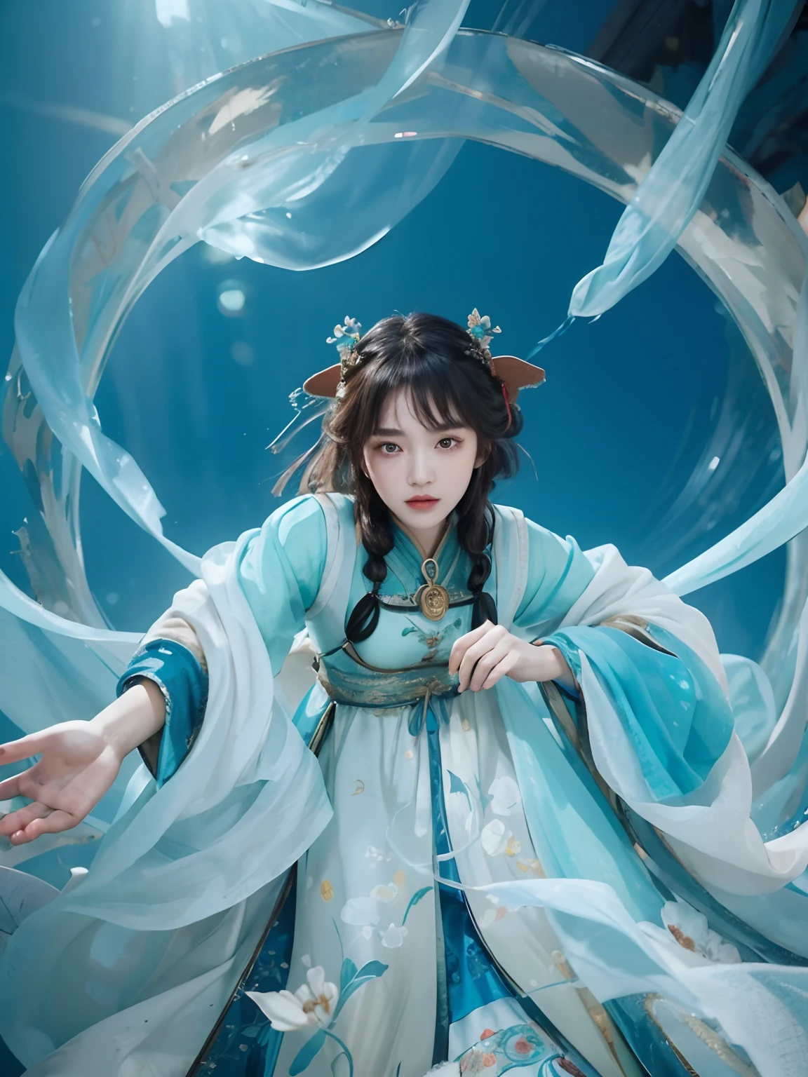 (Best quality, 8k, 32k, Masterpiece, UHD:1.2) "Produce a captivating art piece featuring a girl with a stylish bob haircut, illuminated by dramatic and cinematic lighting that accentuates the contours of her face and hair. Create an atmosphere that exudes intrigue and depth, with shadows and highlights playing a central role in defining the scene. The lighting should emphasize the girl's features and add an extra layer of drama to the composition, making it visually striking and evoking a sense of mystery and allure." Chinese, Ancient Chinese, Chinese Dress, fantasy