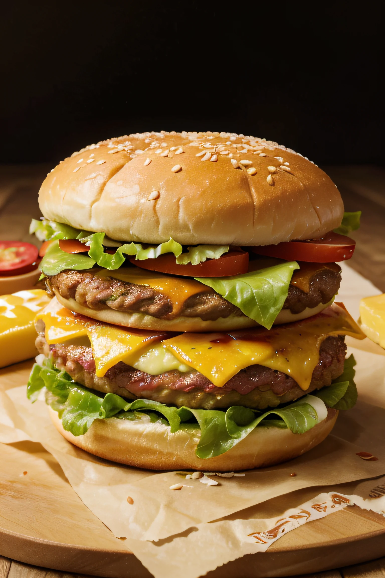 (highres,ultra-detailed,realistic:1.2),hamburger,cheese slice,tomato,lettuce. The hamburger sits on a table, surrounded by scattered ingredients.