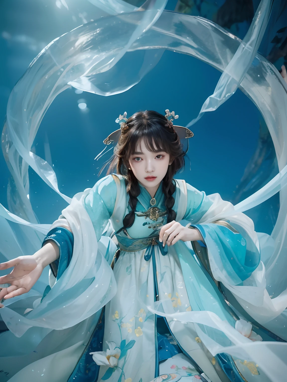(Best quality, 8k, 32k, Masterpiece, UHD:1.2) "Produce a captivating art piece featuring a girl with a stylish bob haircut, illuminated by dramatic and cinematic lighting that accentuates the contours of her face and hair. Create an atmosphere that exudes intrigue and depth, with shadows and highlights playing a central role in defining the scene. The lighting should emphasize the girl's features and add an extra layer of drama to the composition, making it visually striking and evoking a sense of mystery and allure." Chinese, Ancient Chinese, Chinese Dress, fantasy