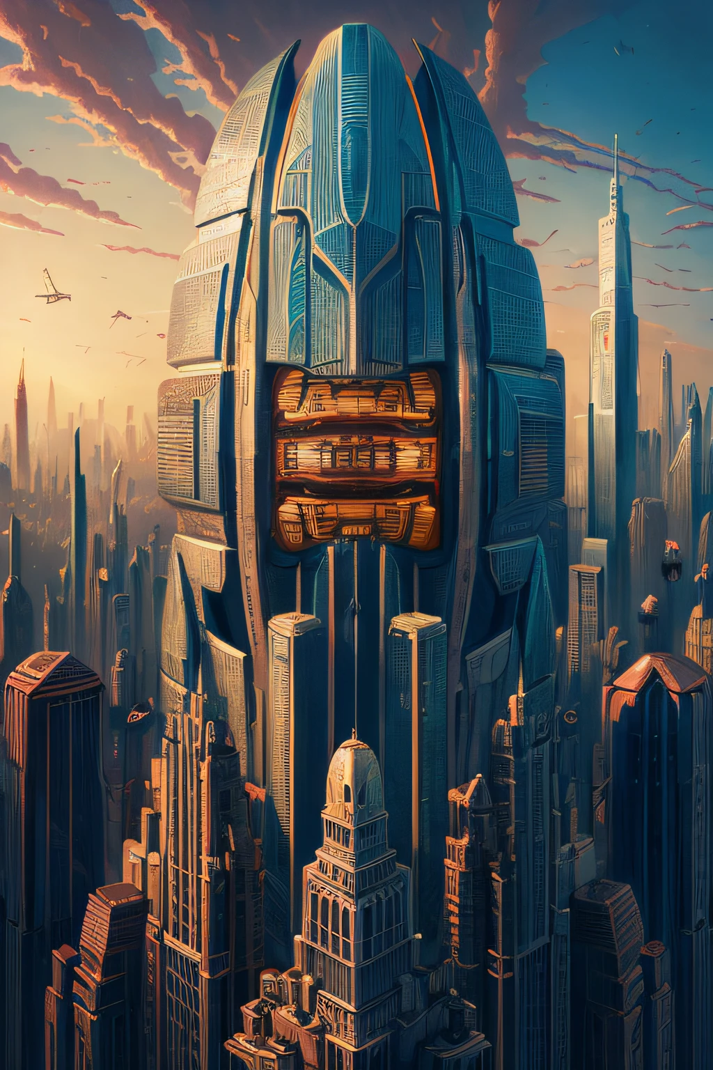 There is a drawing of a futuristic city with a giant robot head, Non-human faces, peter gric and dan mumford, Beksinski and James Jean, Michael Whelan and Pixar, Justin Gerard and Greg Lutkowski, styles:daniel merriam, andreas rocha and john howe , Weta Studio and James Jean, Larry McDougall