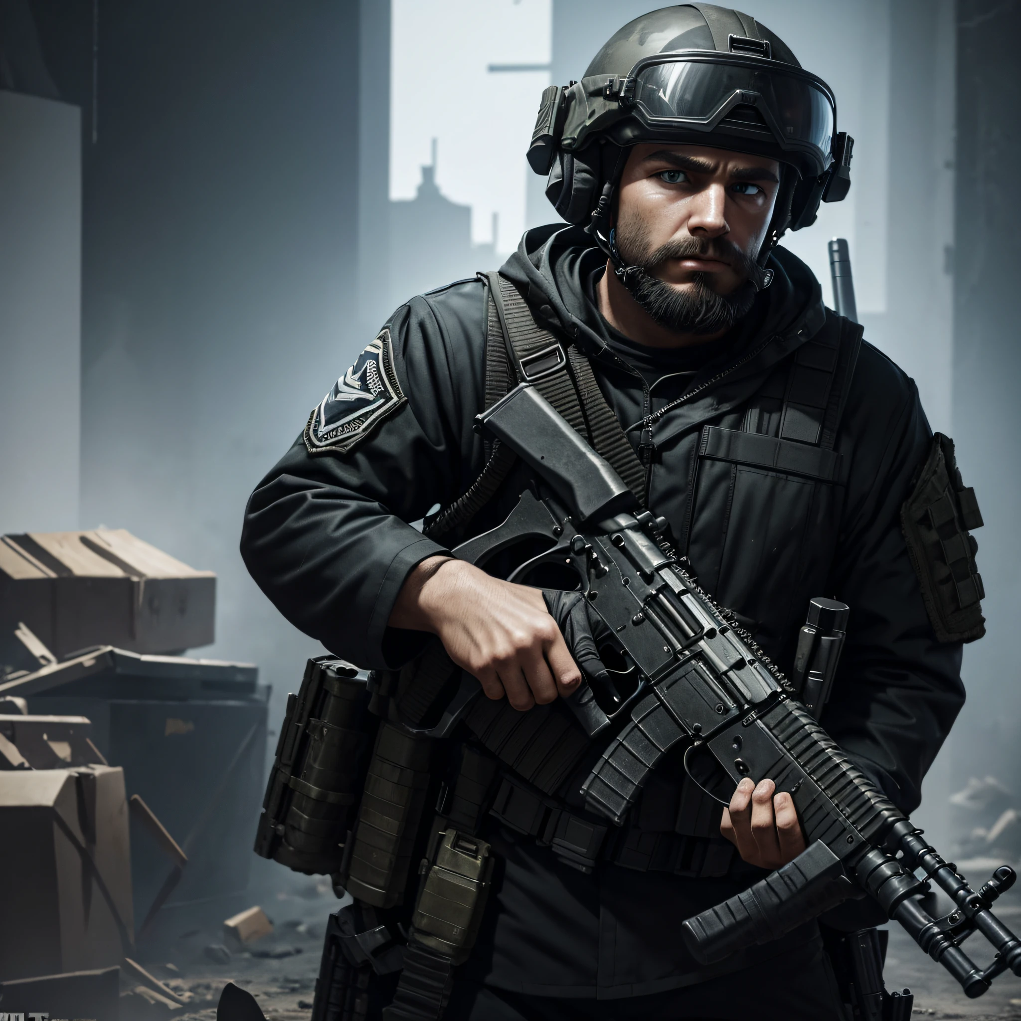 Call of Duty Warzone game scenario, white man, terrorist, black uniform, shooting with a rifle, helmet on his head.