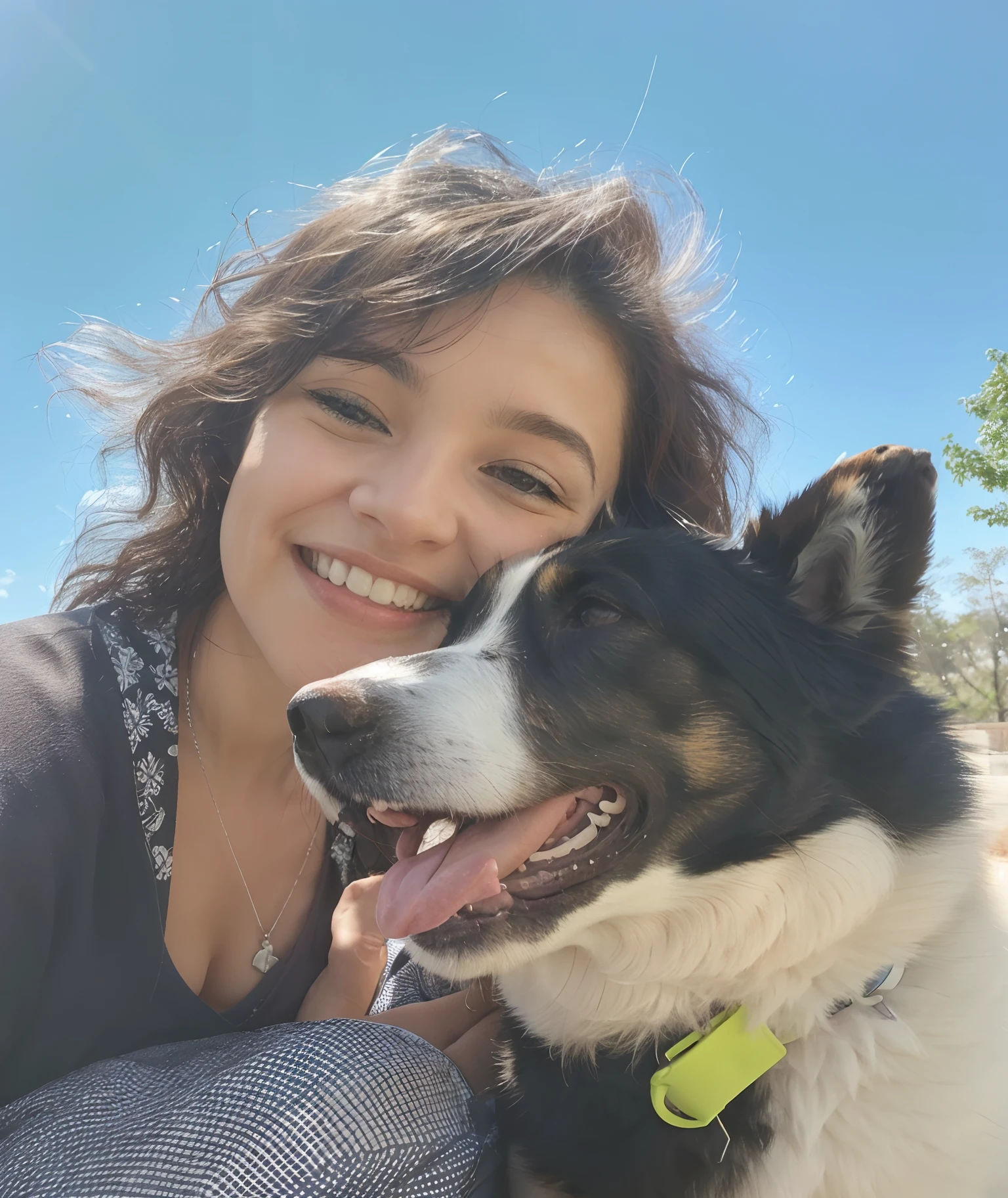 woman with black and white dog in front of blue sky, selfie of a dog, profile image, malika favre, sandra chevier, by Emma Andijewska, by Romain brook, with dogs, louise dalh - wolfe, by Terese Nielsen, avatar image, happily smiling at the camera, happy finnish lapphund dog, dog