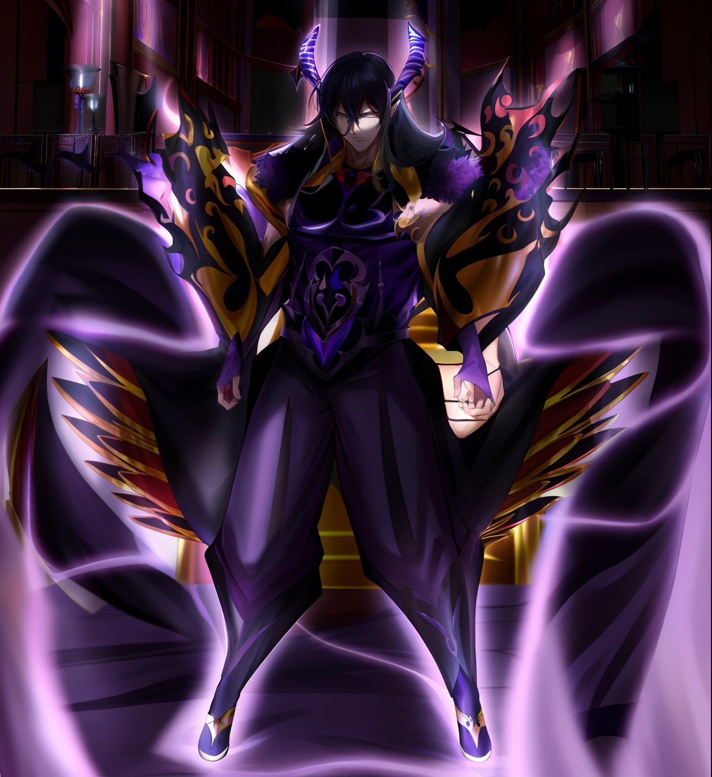 Personaje de anime con alas y cara de demonio, Devilman salvaje de cuerpo completo, Diosa oscura con seis brazos, Hermoso dios masculino de la muerte, Villainess has black angel wings, djinn hombre demonio masculino, shalltear from overlord, inspirado por Okumura Masanobu, male djinn man demon hybrid, Pose de hechicera oscura de cuerpo completo