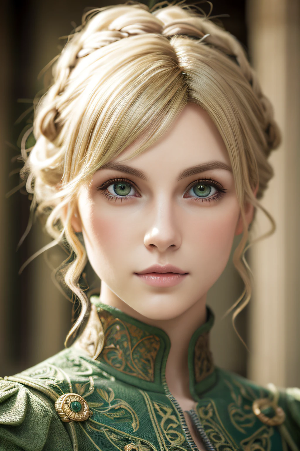 1girl in, masutepiece, Best Quality, 8K, Detailed skin texture, Detailed Cloth Texture, beautifull detailed face, Intricate details, ultra-detailliert, European girl, Green eyes, Blonde Curly Hai, 3dcharacter, medieval knight