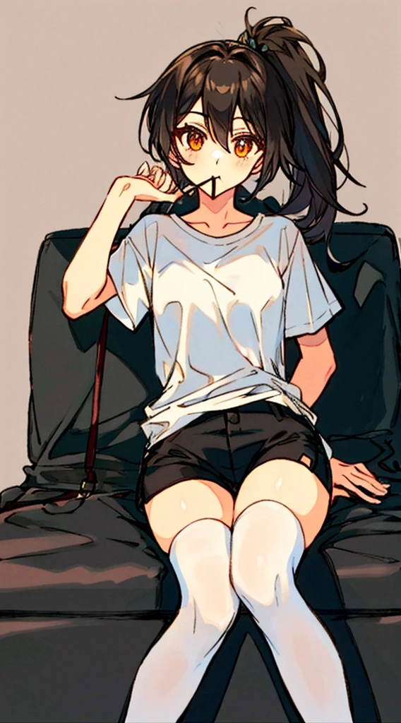 Hori Kyouko, 1 girl, black shorts, black tights, brown hair, mouth closed, white t-shirt, simple t-shirt, hair between eyes, hand up, casual clothing, long hair, looking at viewer, orange eyes, street clothes, t-shirt , sitting, shorts, alone, flirtatious look, thighs, white t-shirt, a young woman with black shorts and black thigh-high stockings, shows her unique style with her brown hair in a ponytail hairstyle. Her flirtatious look adds a touch of sensuality to her expression. He wears a white t-shirt as part of his clothing, with a lock of hair falling between his eyes. Gazing confidently at the viewer, her captivating orange eyes look directly at the viewer, capturing their attention. To complete his outfit, he wears a white t-shirt that is a little big for his size. With her sultry gaze and charming presence, Hori Kyouko stands out in the environment, leaving a lasting, flat-chested, erotically cute impression.