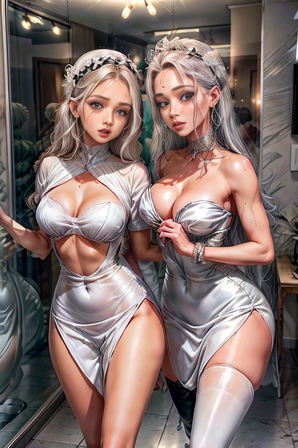 Awesome, espreitando o espectador, realista, Cabelos Morenos, Longas, whitish hair, Minucioso, grande altura, mini camisa transparente de pano branco, Fio dental transparente branco, RAWE is very detailed, seios grandes, Grasp your breasts with both hands, Espalhe as pernas, sexualmente excitante, expressio sexual, Pele brilhante e brilhante, maquiagem, alegria, refletores, olhos cor-de-rosa, heart earrings, 1, sozinho, feminino, Flor do cabelo, Cabelos Longos, cabelos multicoloridos, cabelos brilhantes