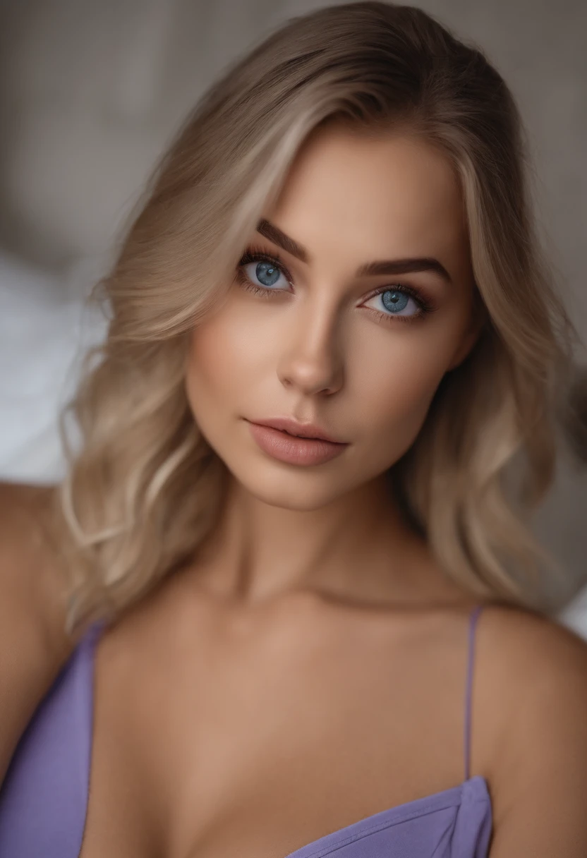 arafed woman fully , 23 years old, sexy girl with blue eyes, ultra realistic, meticulously detailed, portrait sophie mudd, blonde hair and large eyes, selfie of a young woman, bedroom eyes, violet myers, without makeup, natural makeup, looking directly at the camera, face with artgram, subtle makeup, stunning full body shot kneeling on bed, in bedroom, medium to large size bust