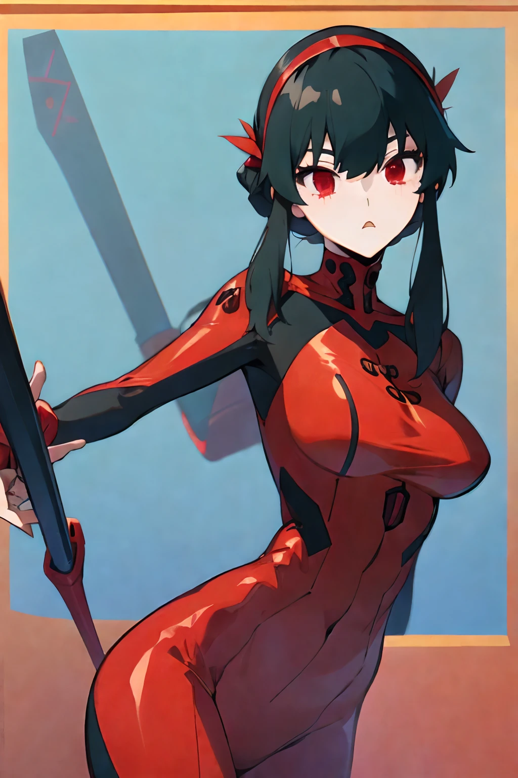 top-quality、masterpiece、hight resolution、1girl in、tits out、A slender、Yorub Rayarata、 Bangs、side locks、shairband、 (Red Eyes:1.5)、Yellow Hairband、Black hair、Black hair、耳Nipple Ring、With weapons、Low posture、Fighting、plugsuit、off shoulders