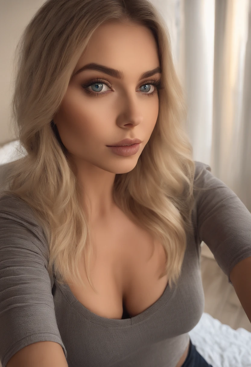 Woman with matching tank top and panties, Sexy girl with blue eyes, portrait sophie mudd, portrait corinna kopf, blonde hair and large eyes, Selfie einer jungen Frau, Augen im club Violet Myers, ohne Make-up, Natural makeup, Blick direkt in die Kamera, Gesicht mit Artgram, dezentes Make-up, Stunning full body shot, im Schlafzimmer, Spaltung