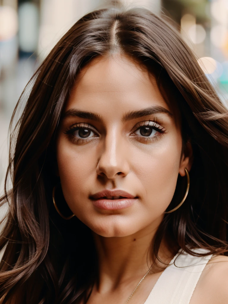 Sexy woman, Albanian, 30 years, cute, neat face, detailed, natural soft light, small neat nose, neat plump lips, big eyes, brown eyes, Alice Milano, long hair, curly hair, natural shine, chocolate hair, portrait, focus on face, gorgeous, city girl,western, hot girl, shopping in the city, (masterpiece), best quality, high resolution, extremely detailed, depth of field