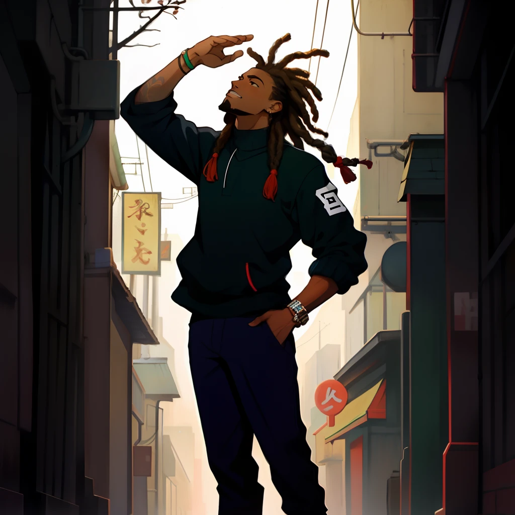 Young Black man with dreads standing in a pose looking up in anime style