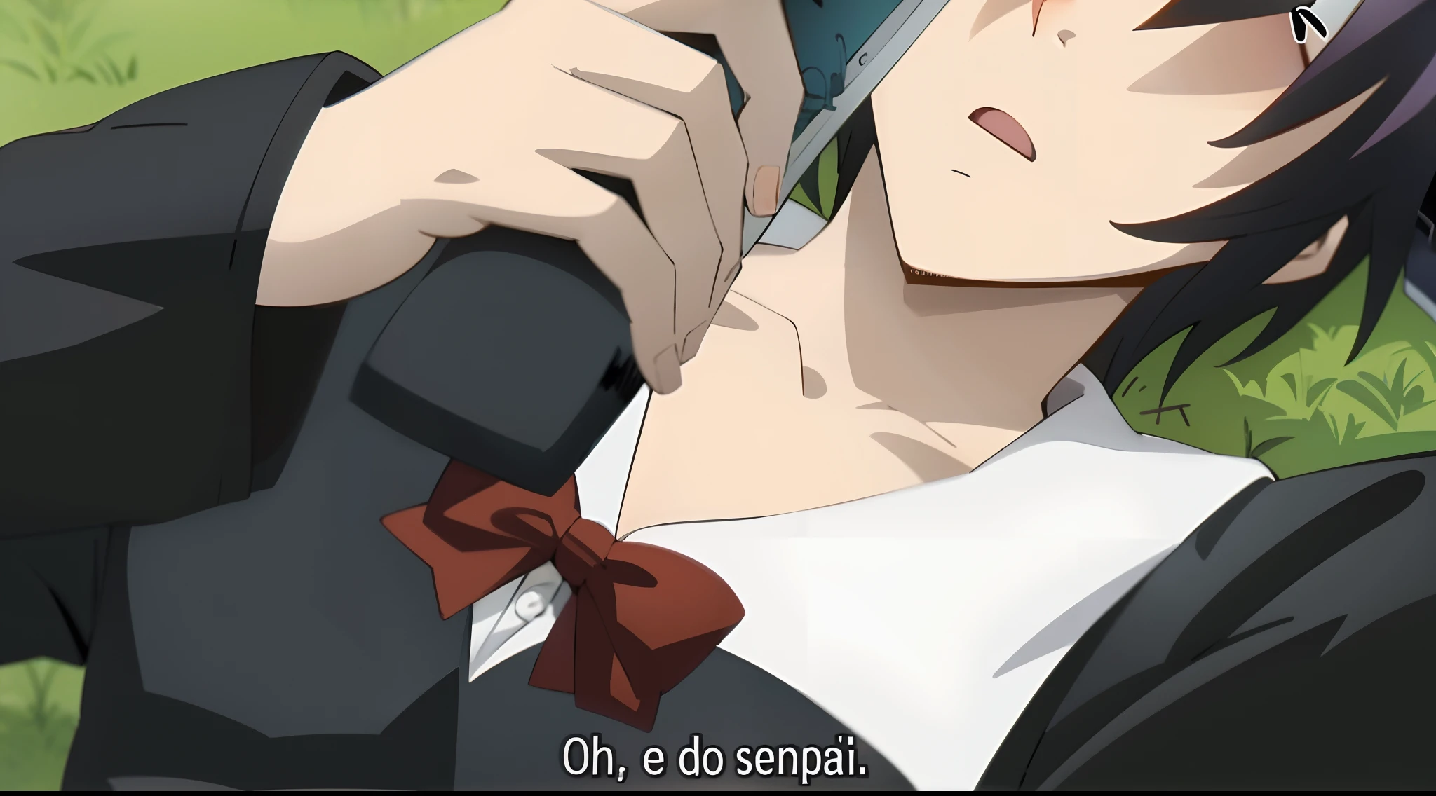 mulher falando em um celular com uma gravata borboleta, FLCL + Golgo 13 :10, cuta anime, Otaku Gangasta, ( ( ( Yoh Yoshinari ) ) ), gendo ikari smoking a joint, captura de tela do anime, screencap anime, cena de anime, em um anime, Fujita Goro!, ESL, Yaoi
